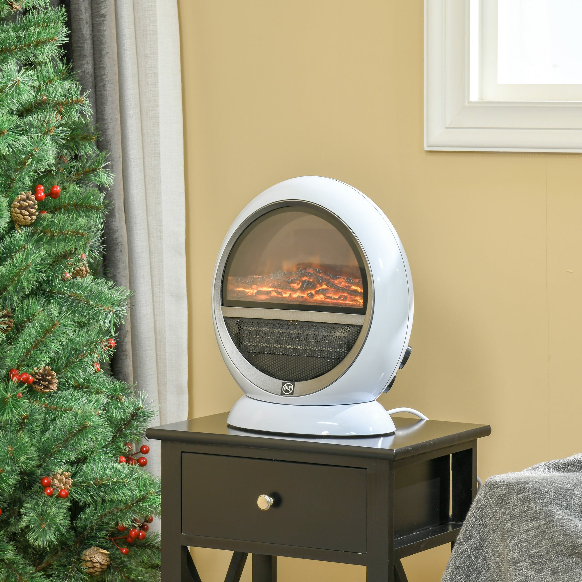 HOMCOM Freestanding Electric Fireplace Indoor Space Table Top Heater with Realistic Flame Effect, Rotatable Head, Overheating Protection, 1500W, White - North Peak Garden Furniture