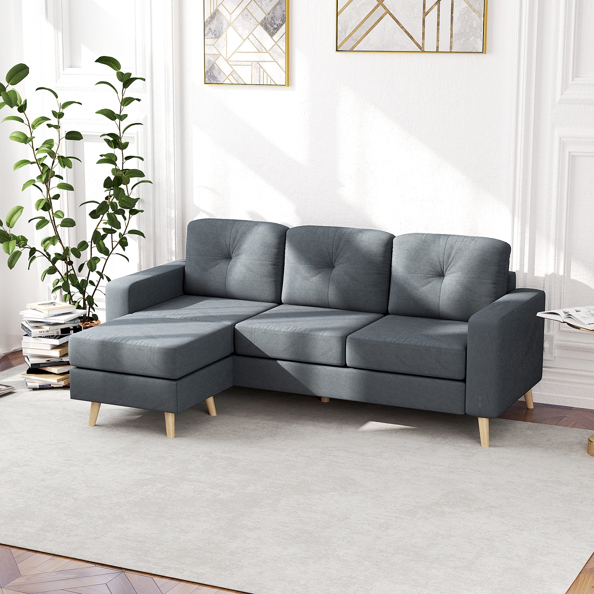 HOMCOM 3 Seater Sofa with Footstool, Fabric L-Shaped Sofa, Sectional Couch with Wood Legs, Tufting Cushioned Back for Small Space, Living Room, Office, Dark Grey - North Peak Garden Furniture