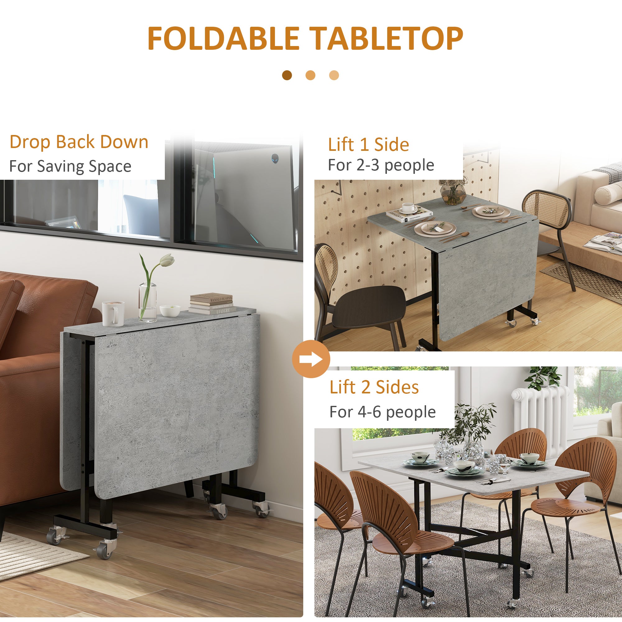 HOMCOM Drop Leaf Table, Folding Dining Table with Metal Frame, Rolling Kitchen Dining Table for Small Spaces, 120cm, Grey - North Peak Garden Furniture