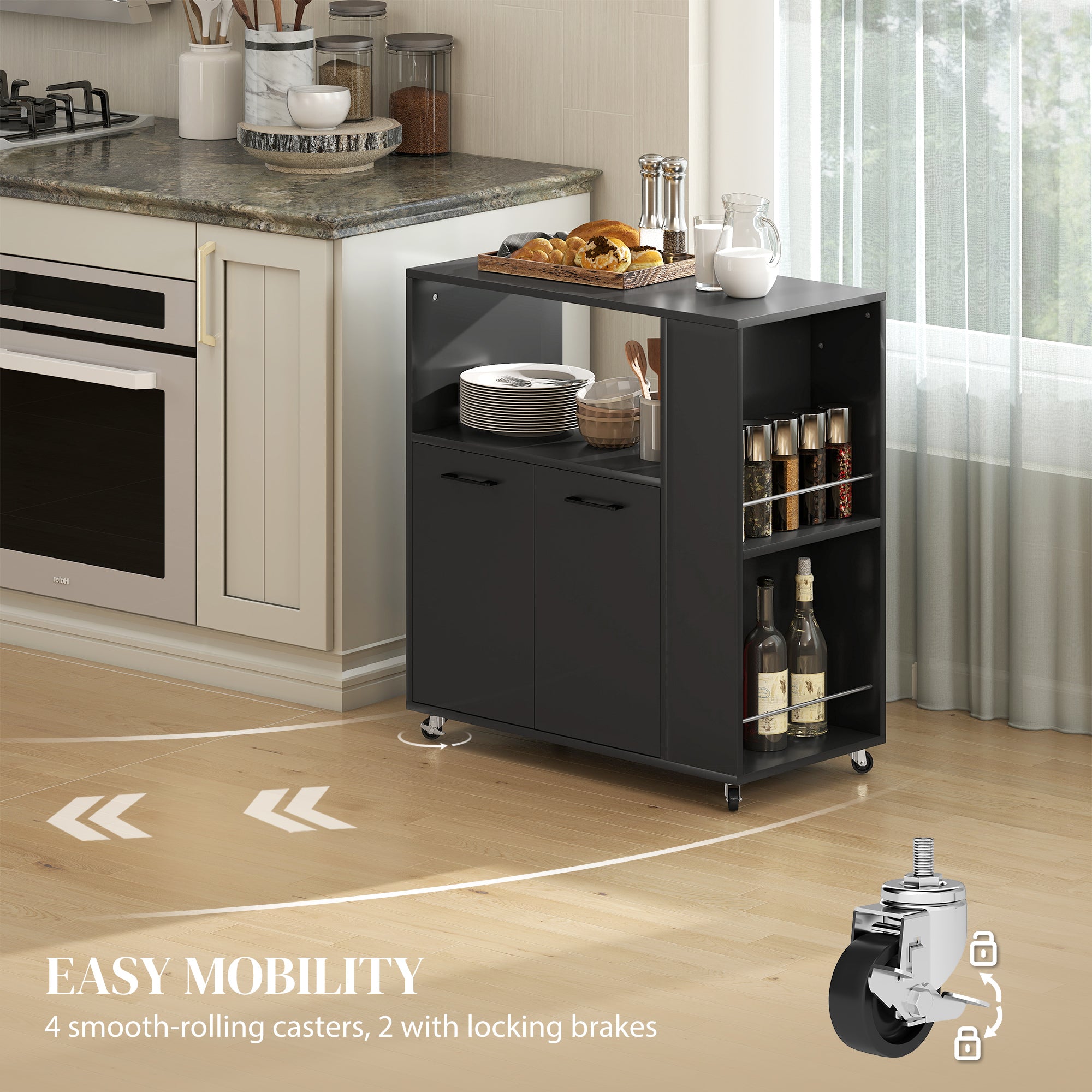 HOMCOM Kitchen Trolley on Wheels, Rolling Kitchen Island Cart with 2-Door Cabinet, Spice Rack and Adjustable Shelf, Black