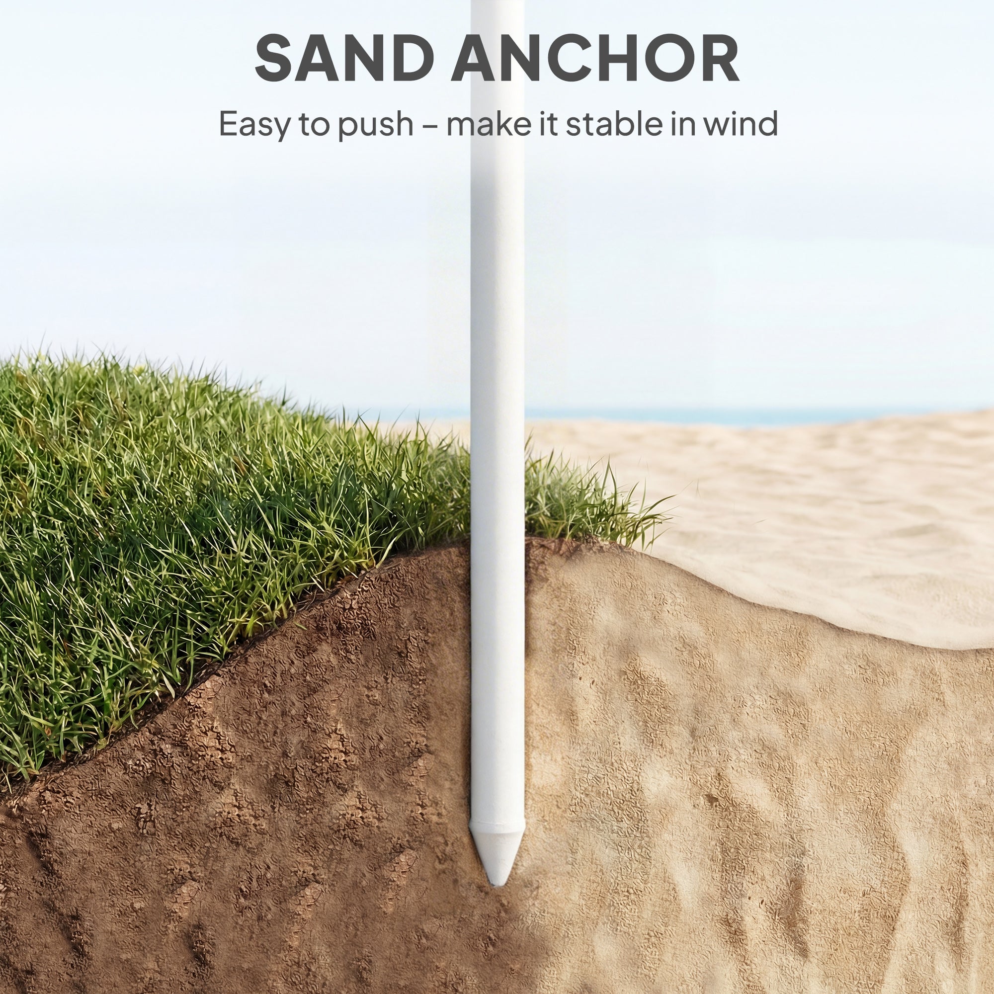 Outsunny 1.8 m Beach Umbrella Parasol with Sand Anchor, Portable Tilting Garden Parasol with Adjustable Height, Light Grey