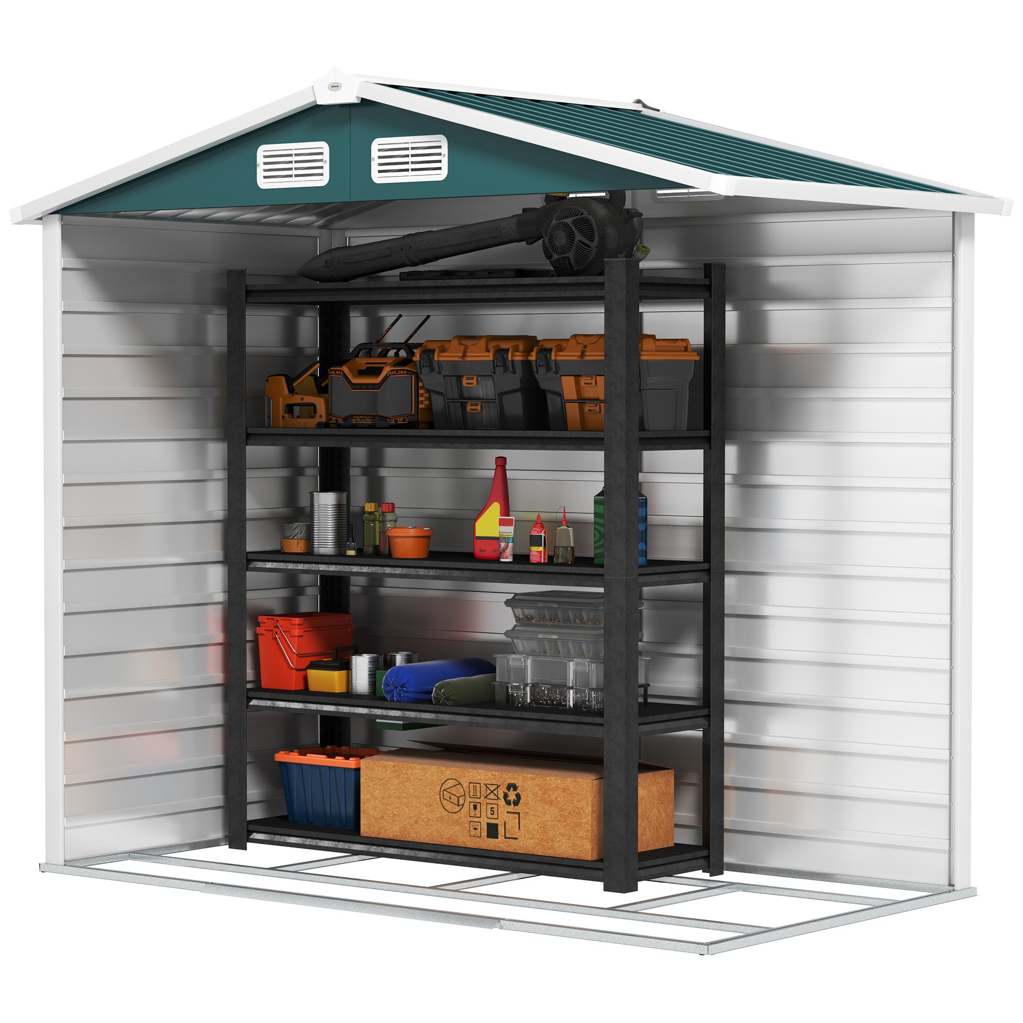 Outsunny 7 x 4ft Garden Shed, Easy to Assemble, Upgraded Galvanised Steel Frame with Foundation Kit, Double Doors with Lock, Outdoor Metal Shed with Vents and Gloves, Garden Storage Shed, Green - North Peak Garden Furniture