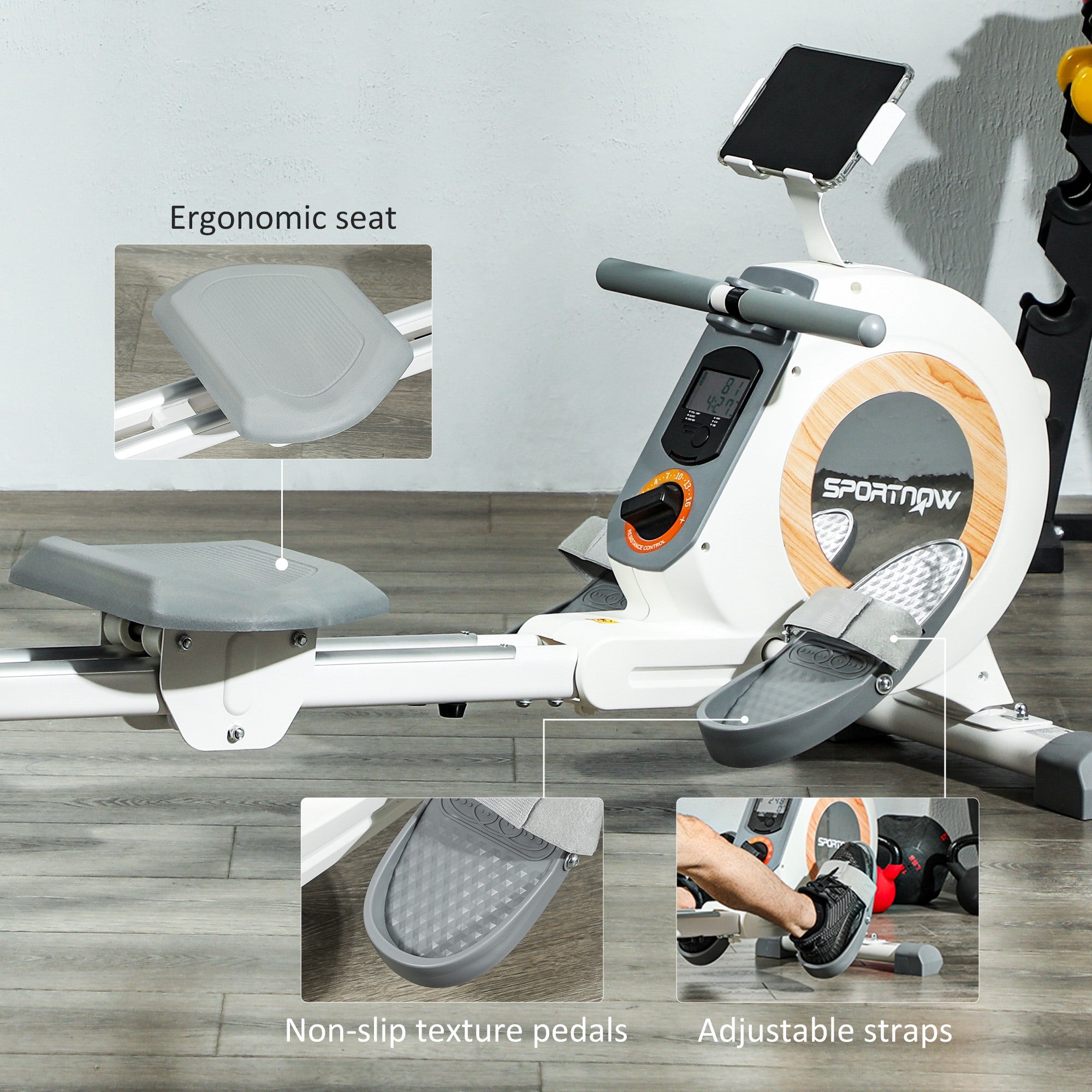 SPORTNOW Rowing Machine, 16-Level Magnetic Rower Machine with LCD Monitor and Phone Holder, Vertical Storage, for Home Gym Cardio Training, 150kg Weight Capacity, White - North Peak Garden Furniture