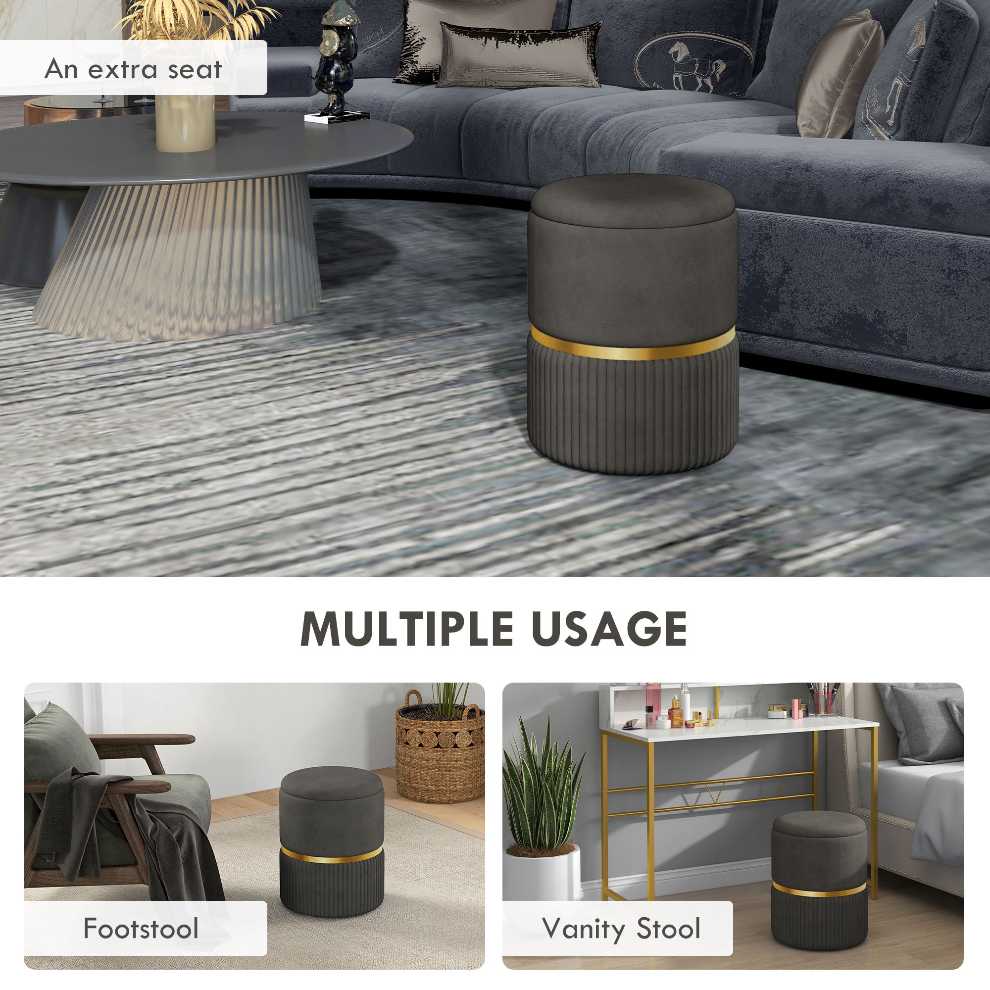 HOMCOM Velvet-Feel Storage Ottoman - Grey - North Peak Garden Furniture