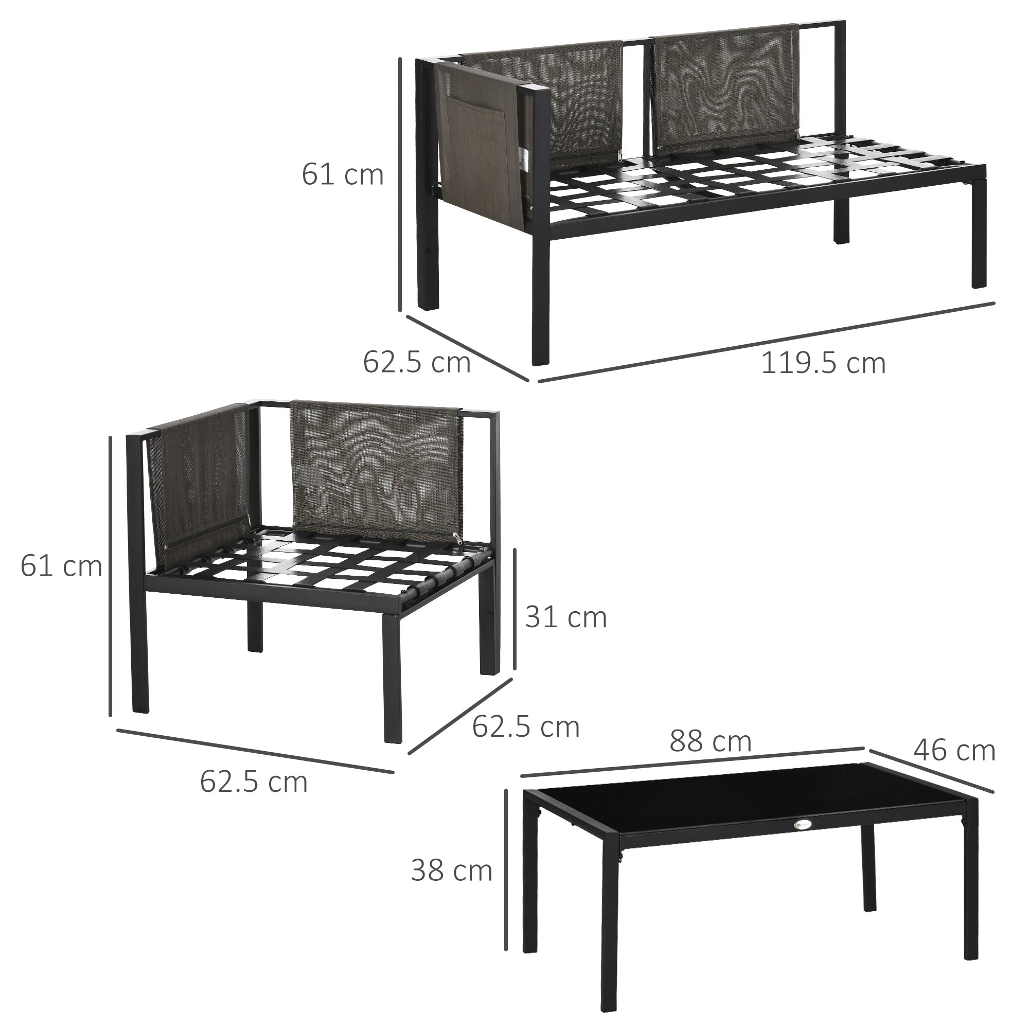 Outsunny 4 Piece Metal Garden Furniture Set with Tempered Glass Coffee Table, Breathable Mesh Pocket, Outdoor Conversational Corner Sofa Loveseat with Padded Cushions, Light Grey - North Peak Garden Furniture