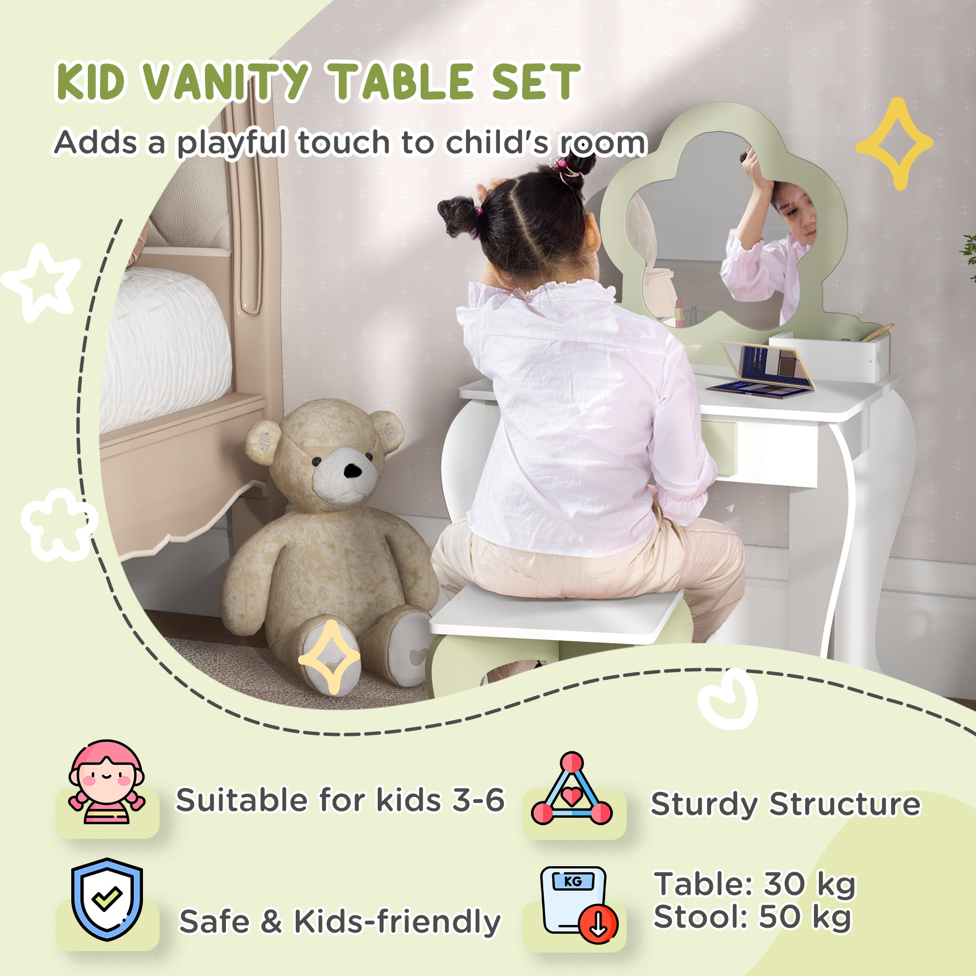 ZONEKIZ Kids Vanity Table with Mirror and Stool, Drawer, Storage Boxes, Flower Design, for Ages 3-6 Years - White - North Peak Garden Furniture