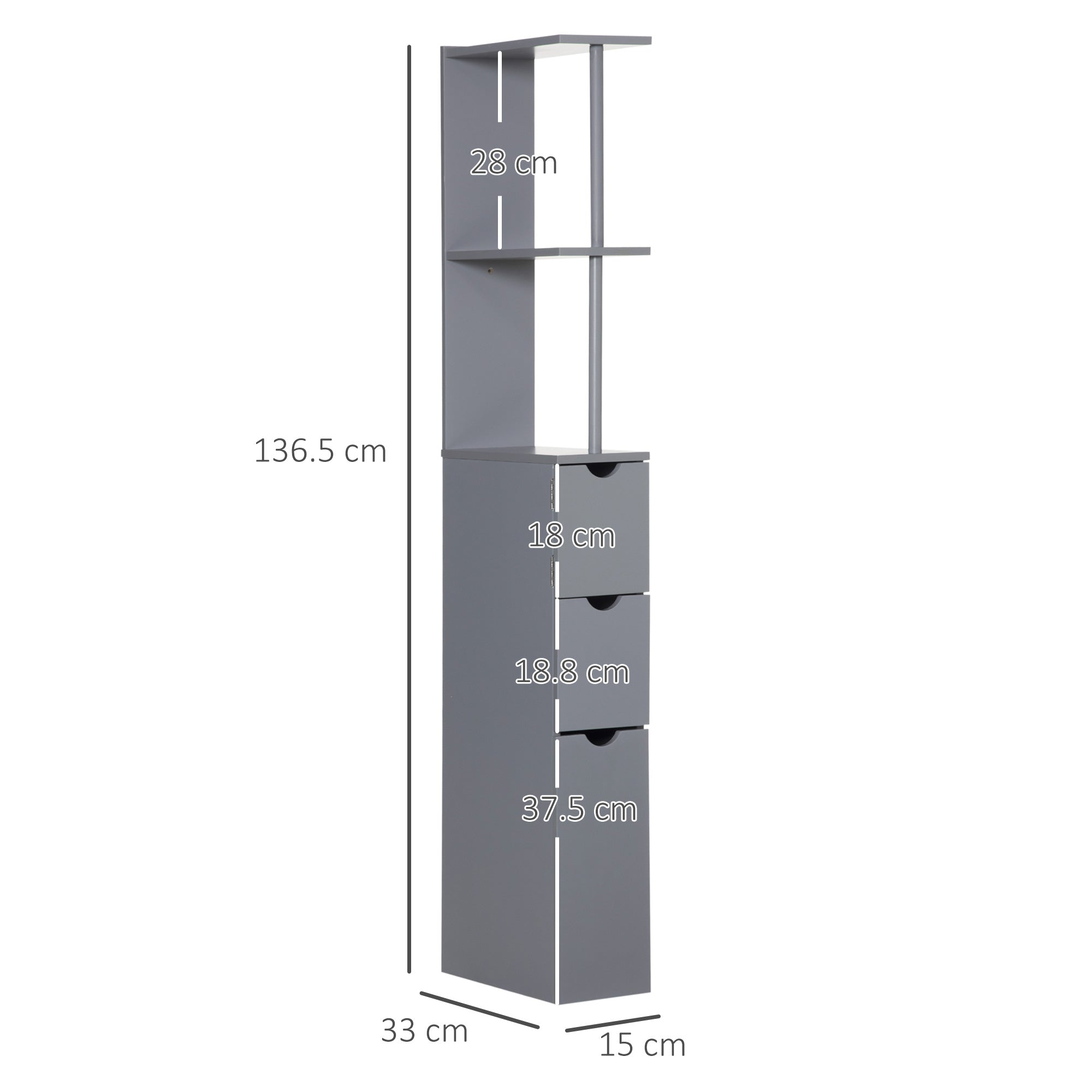 HOMCOM Tall Bathroom Cabinet, Freestanding Bathroom Storage Cabinet with 2-Tier Shelf and Drawers, Narrow Cupboard Storage Unit, Grey - North Peak Garden Furniture