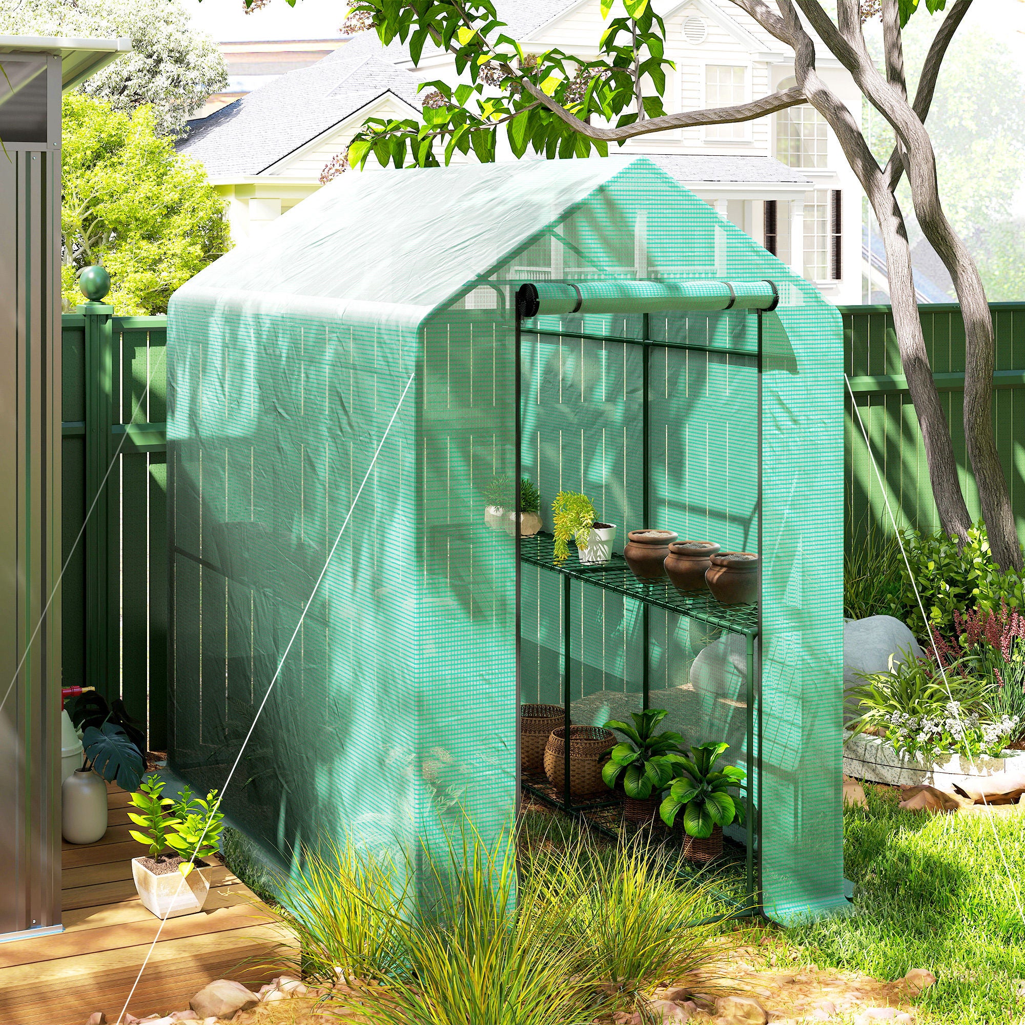 Outsunny 120 x 186cm Walk-In Greenhouse, with Shelves - Green