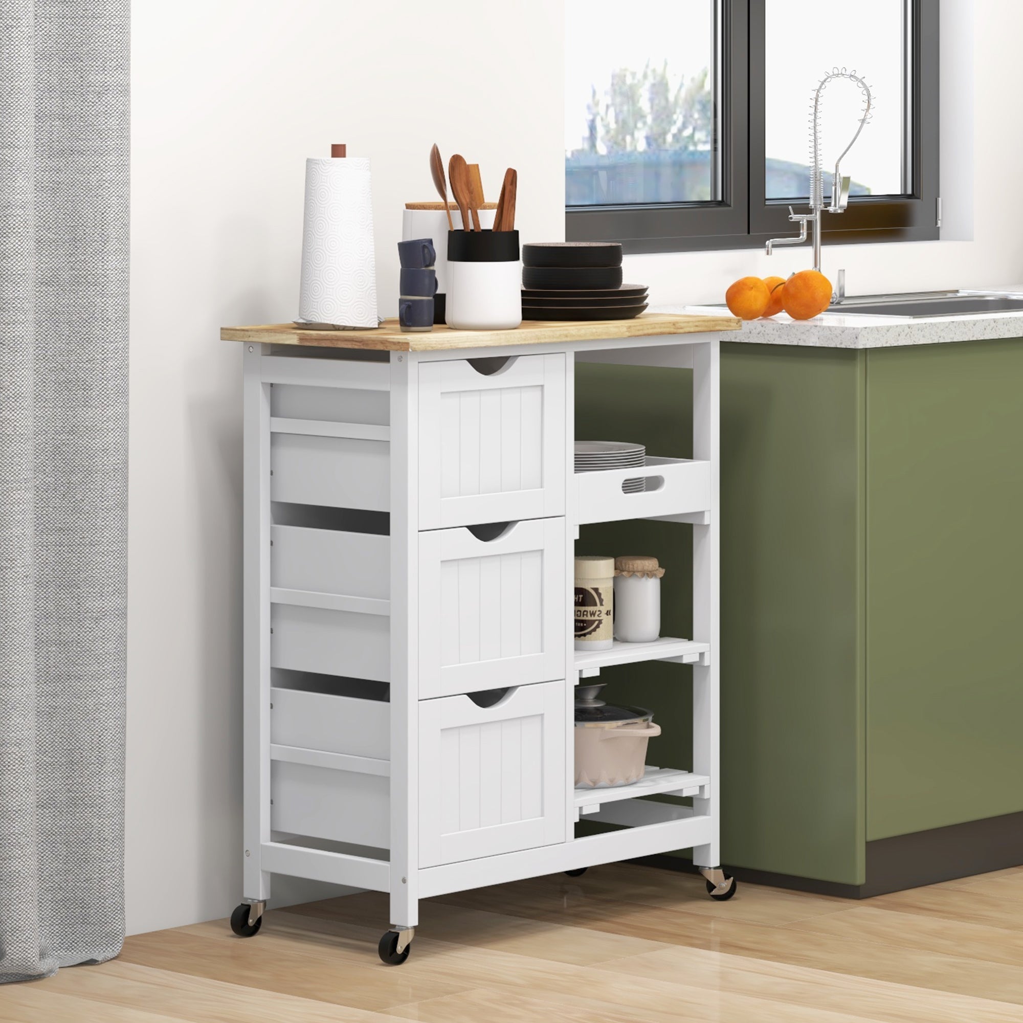 HOMCOM Rolling Kitchen Island Cart, Bar Serving Cart, Compact Trolley on Wheels with Wood Top, Shelves & Drawers for Home Dining Area, White - North Peak Garden Furniture