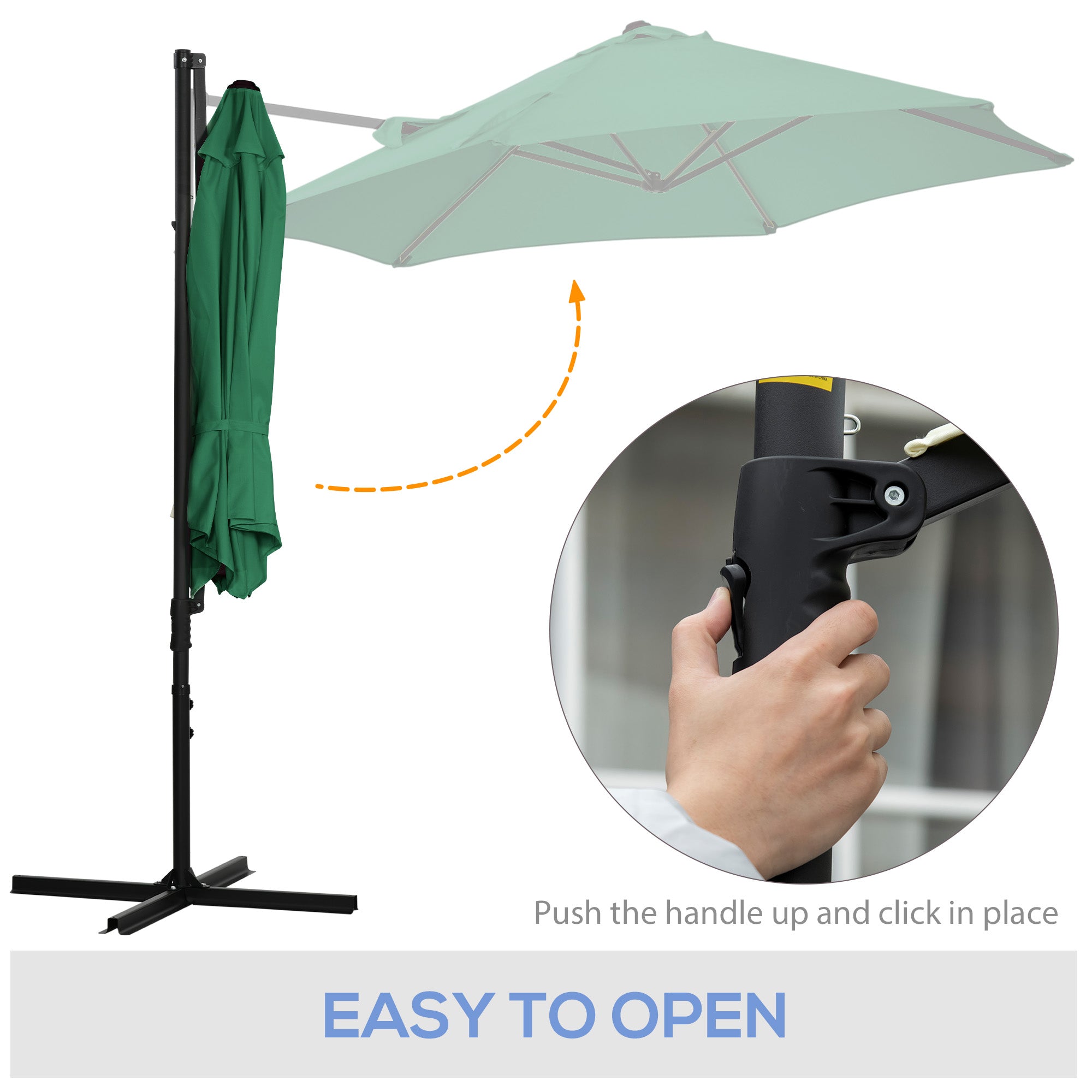 Outsunny 2.5M Garden Cantilever Parasol with 360° Rotation, Offset Roma Patio Umbrella Hanging Sun Shade Canopy Shelter with Cross Base, Green - North Peak Garden Furniture