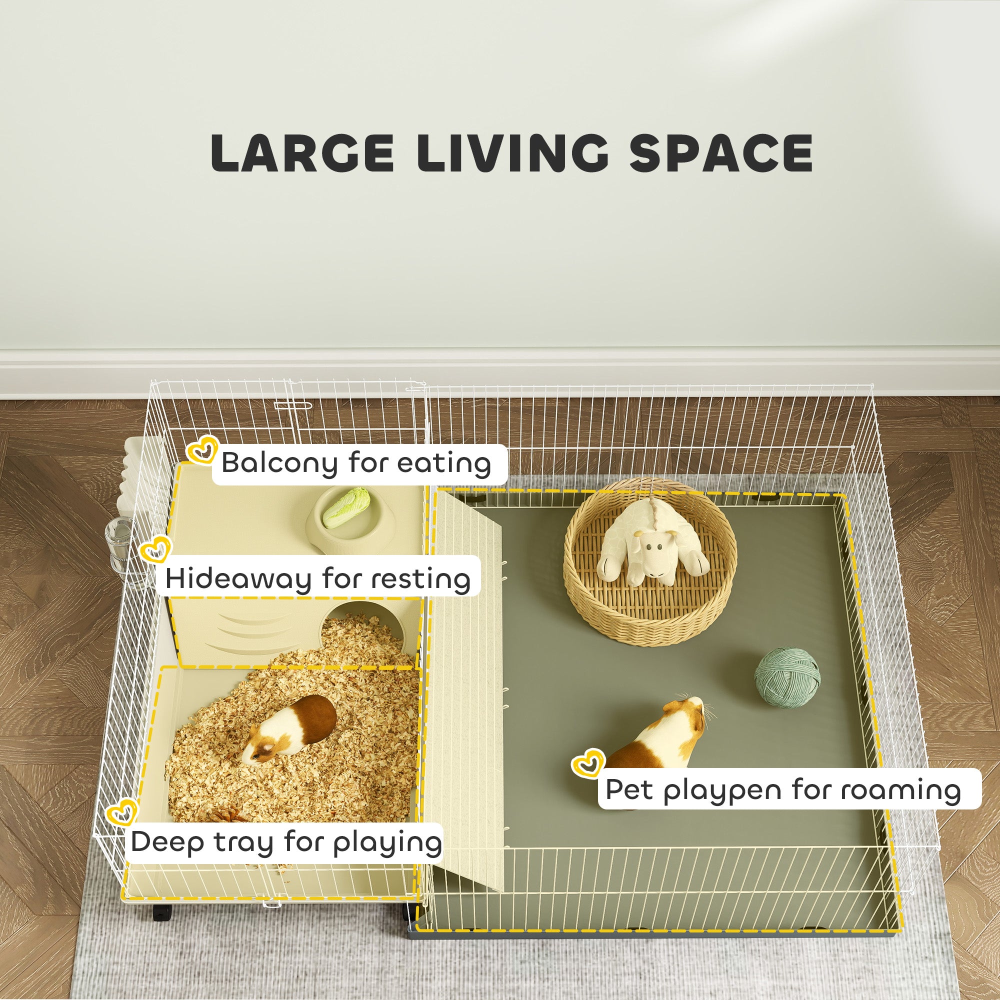 PawHut Small Animal Cage with Removable Pet Playpen, Guinea Pig Cage with Waterproof Pad, Hay Feeder, 108 x 71 x 57cm, Beige - North Peak Garden Furniture