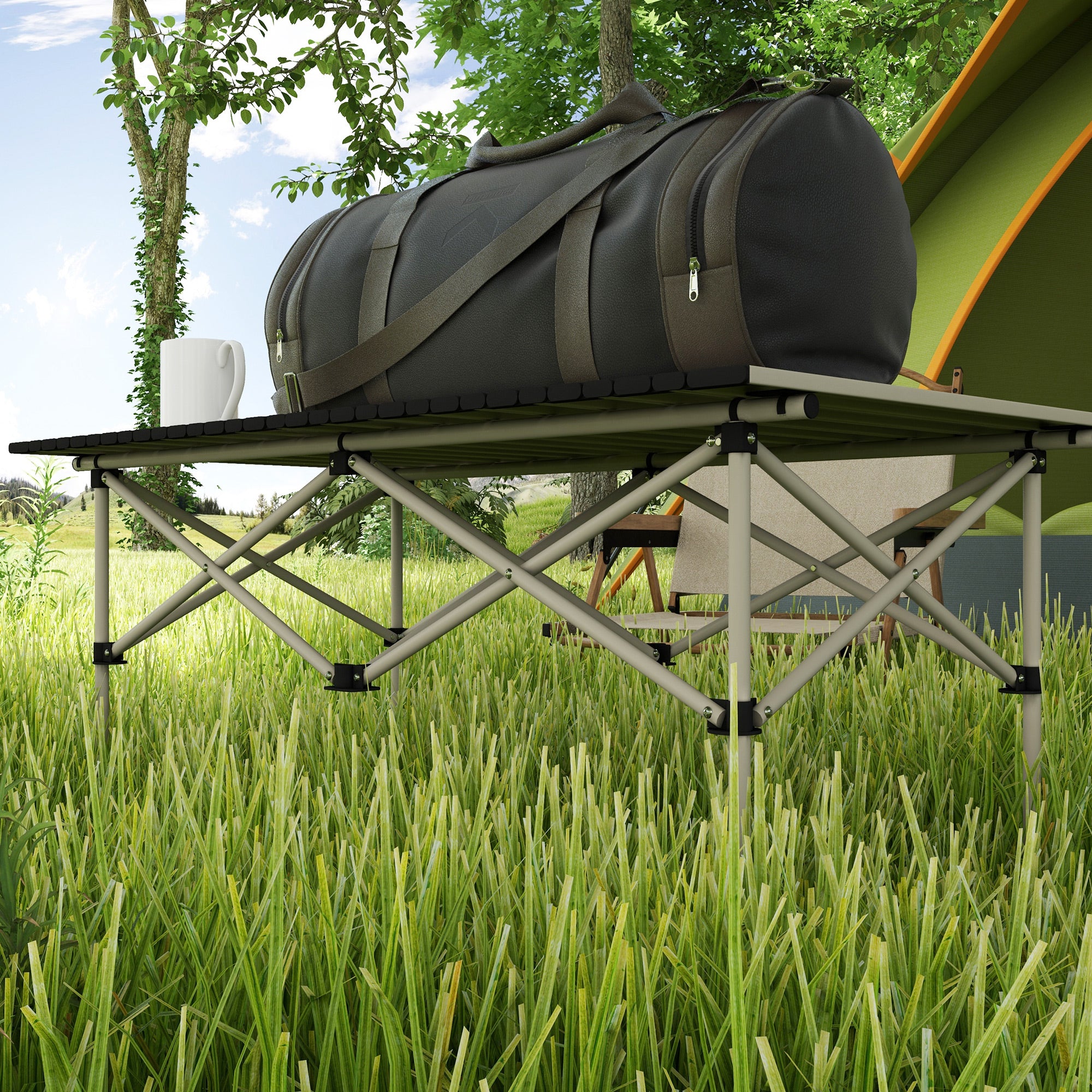 Outsunny Two-Seater Portable Aluminium Table, with Roll-Up Tabletop and Bag - Khaki - North Peak Garden Furniture