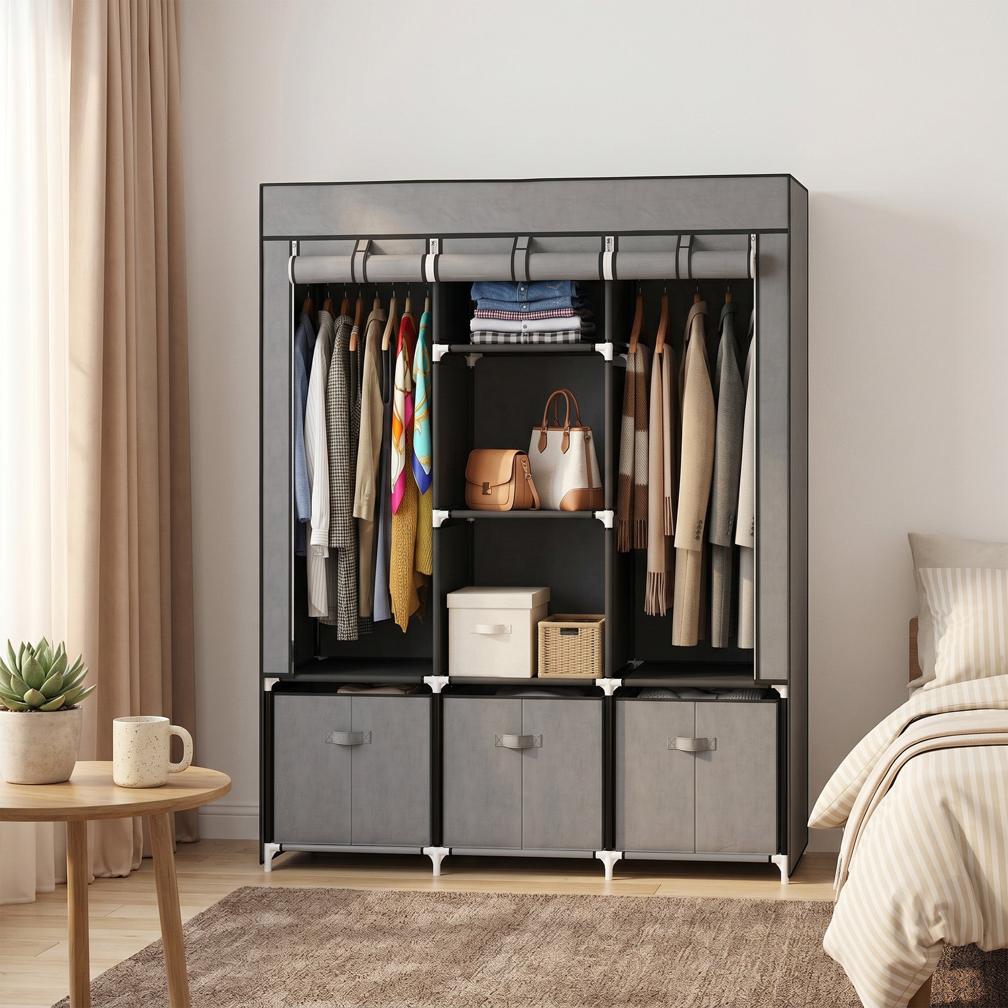 HOMCOM Fabric Wardrobe for Bedroom, Portable Wardrobe with 5 Shelves, 2 Hanging Rails and 3 Fabric Drawers, Foldable Closet, 125 x 43 x 162.5cm, Dark Grey