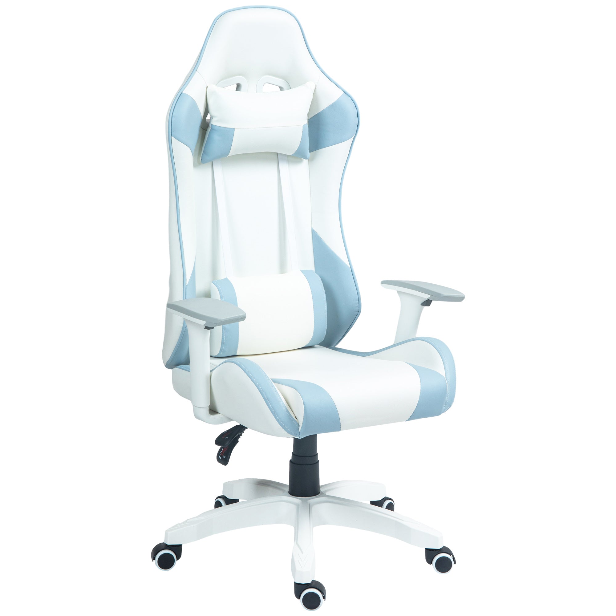 HOMCOM Faux Leather Colour Block Gaming Chair, with 135° Reclining Back - Blue/White - North Peak Garden Furniture