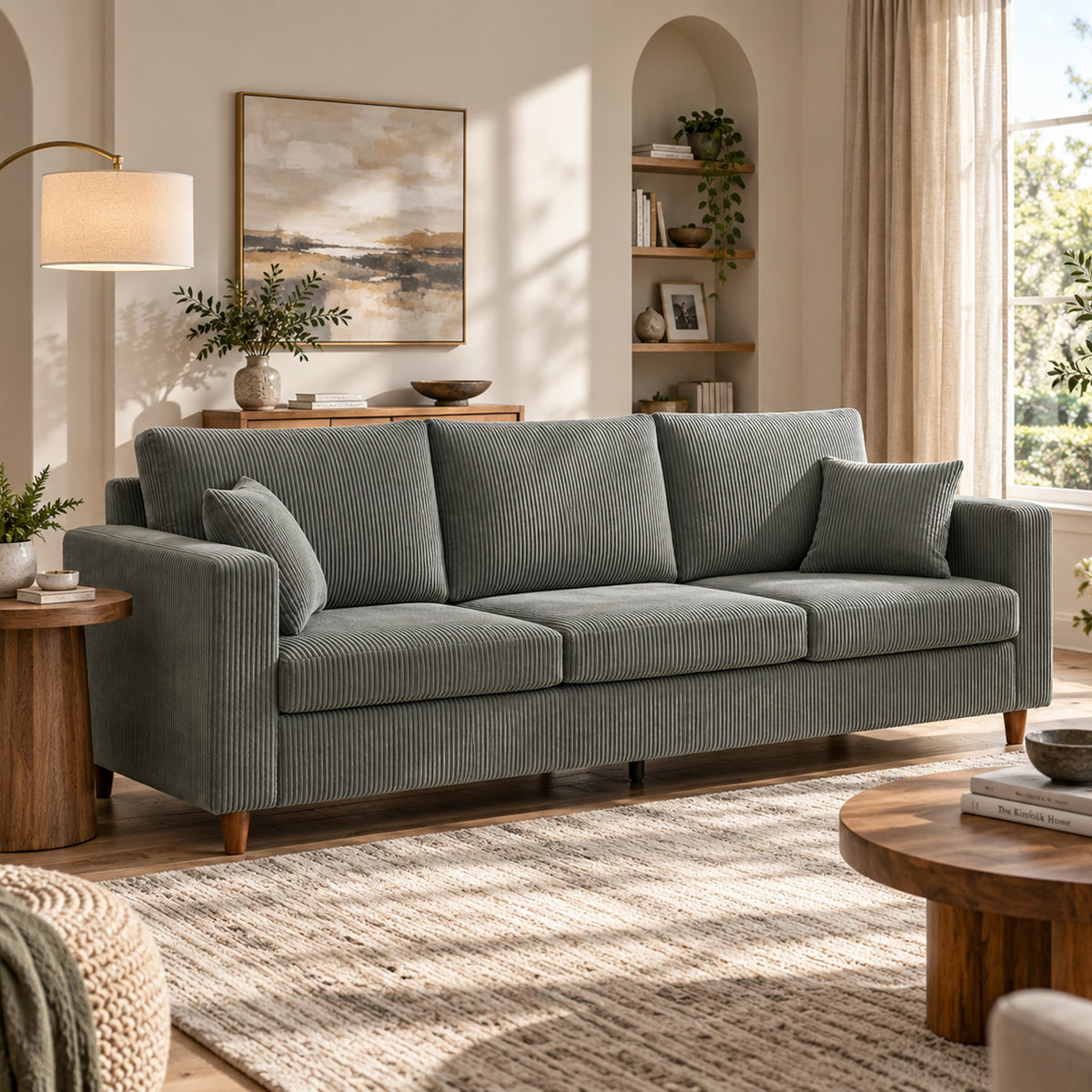 HOMCOM 3 Seater Sofa with Wide Seat, Corduroy Fabric Couch with Deep Seat, Spring Cushion, Light Grey