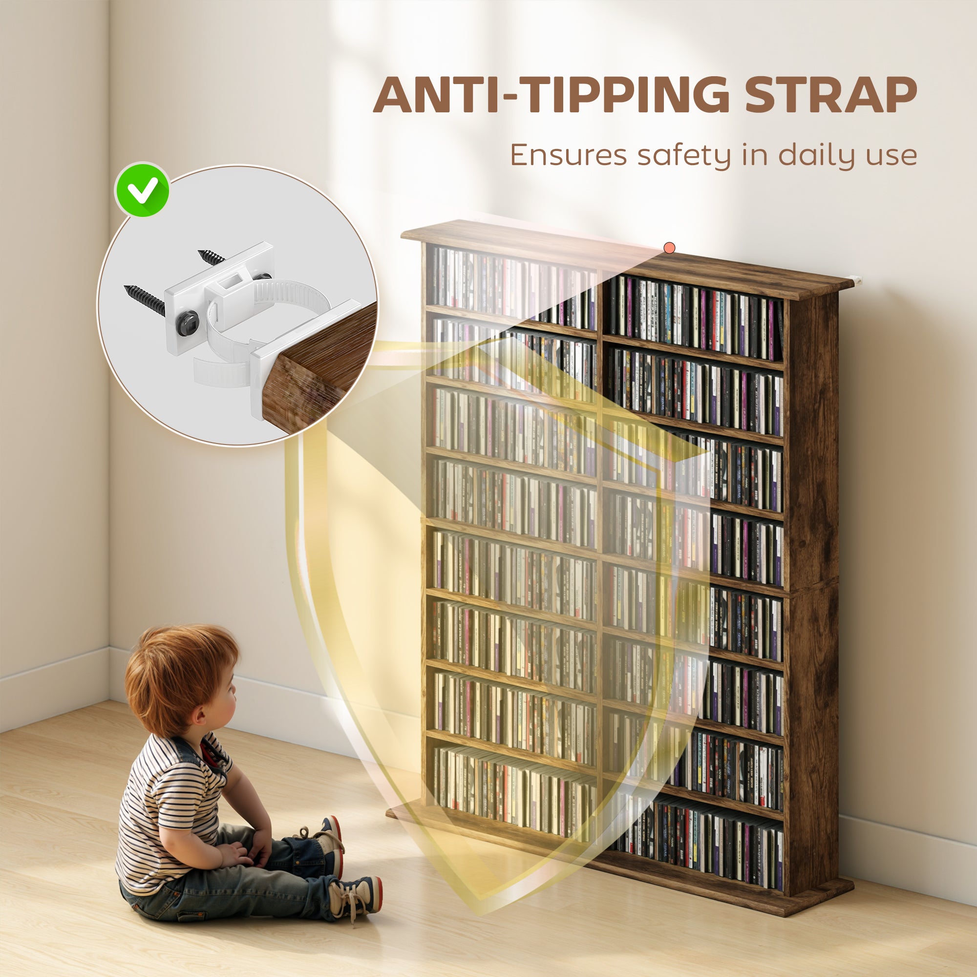 HOMCOM 16-Compartment Media Shelf - Rustic Brown