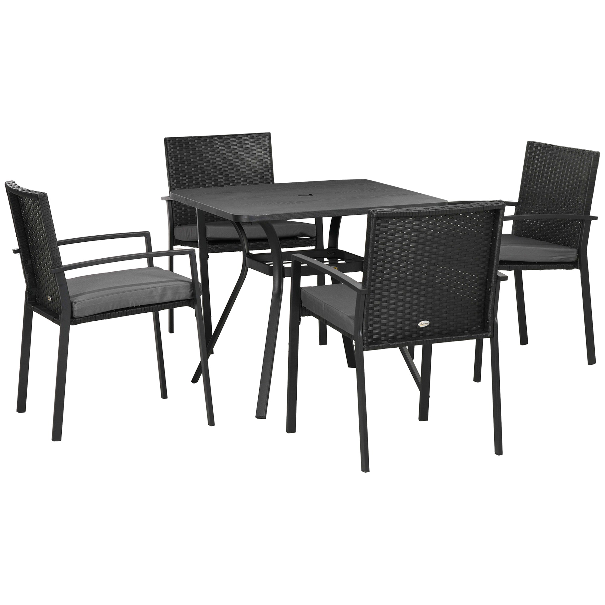 Outsunny Five-Piece Garden Dining Set, with Rattan Seat Chairs and Cushions - Black