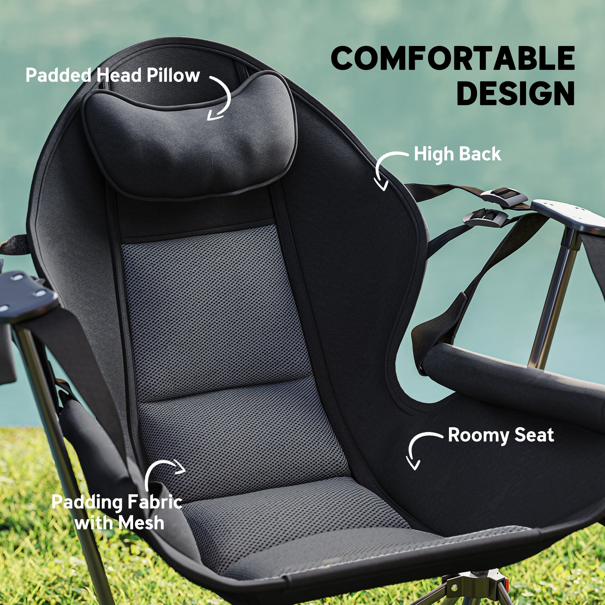 Outsunny Hammock Camping Chair Set of 2, Adjustable Back Swinging Camping Chair Portable Camp Chair with Cup Holder, Headrest, Padded Seat and Carry Bag for Travel Fishing Hiking, Black - North Peak Garden Furniture