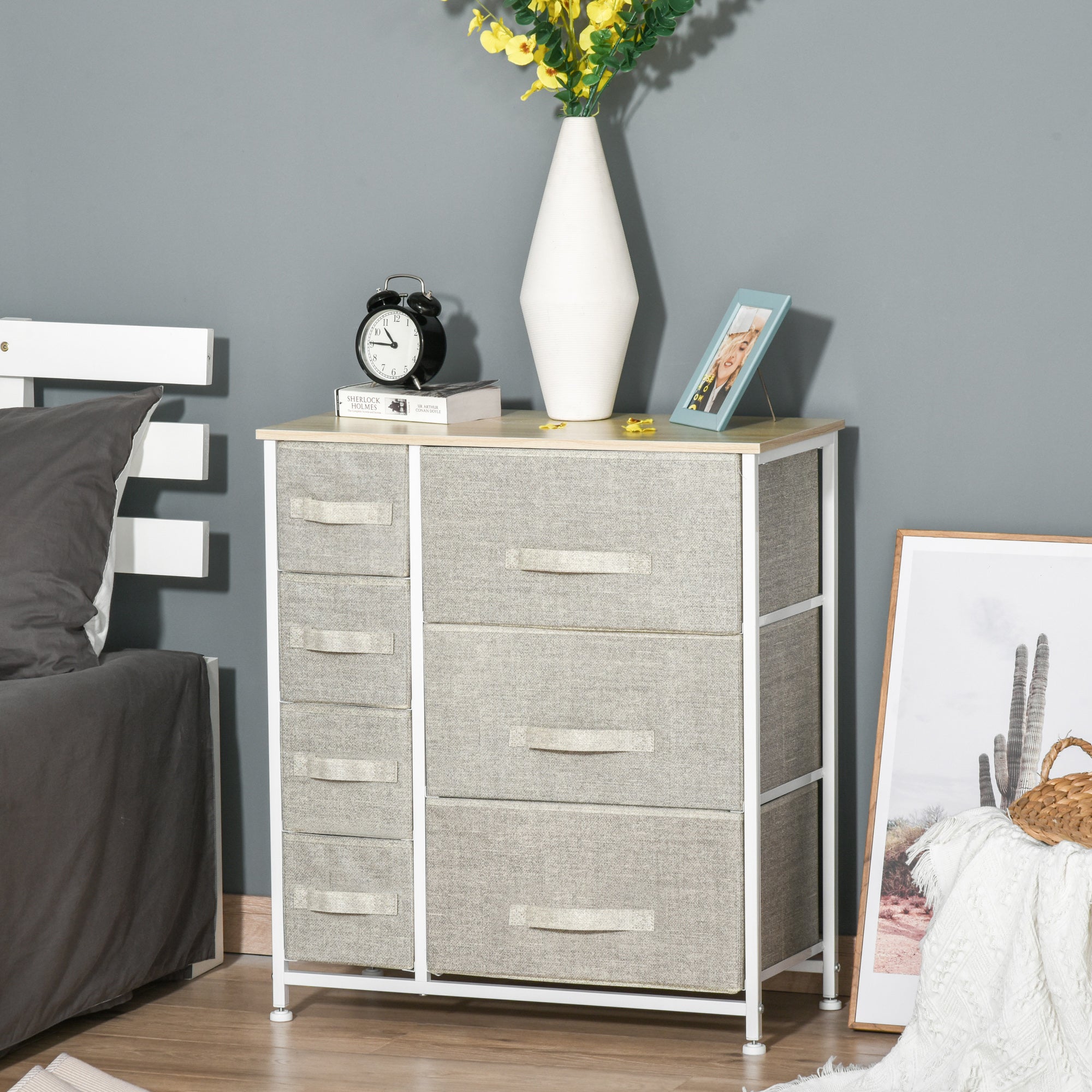 HOMCOM Vertical 7 Linen Drawers Cabinet Organizer Storage Dresser Tower with Metal Frame Adjustable Feet for Living Room, Bathroom, Kitchen, White, Oak and Light Grey - North Peak Garden Furniture