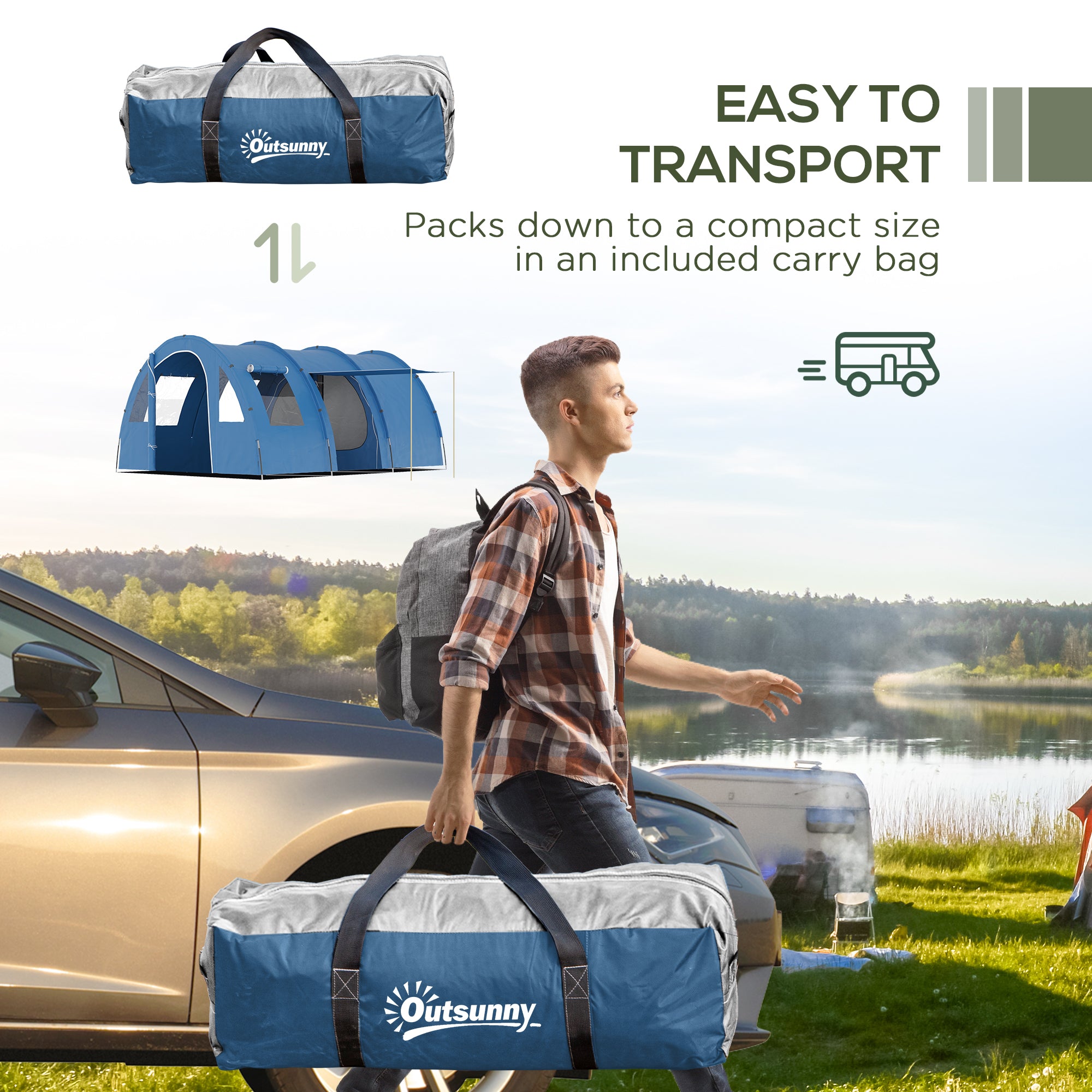 Outsunny 5-6 Man Tunnel Tent, Two Room Camping Tent with Floor, 2 Doors and Carry Bag, 2000mm Water Column for Fishing, Hiking, Sports, Festival - North Peak Garden Furniture
