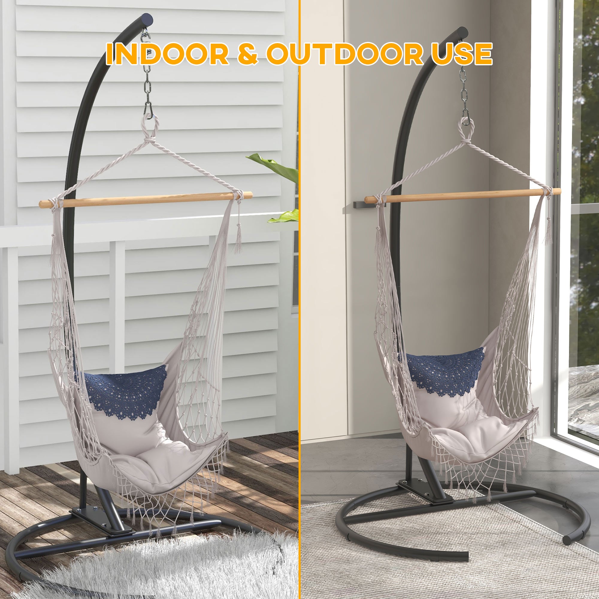 Outsunny Hanging Hammock Chair Stand with Round Base, C Hanging Swing Stand Frame for Swing/Egg/Hammock Chair, Indoor & Outdoor, Heavy Duty 330 lbs, Black