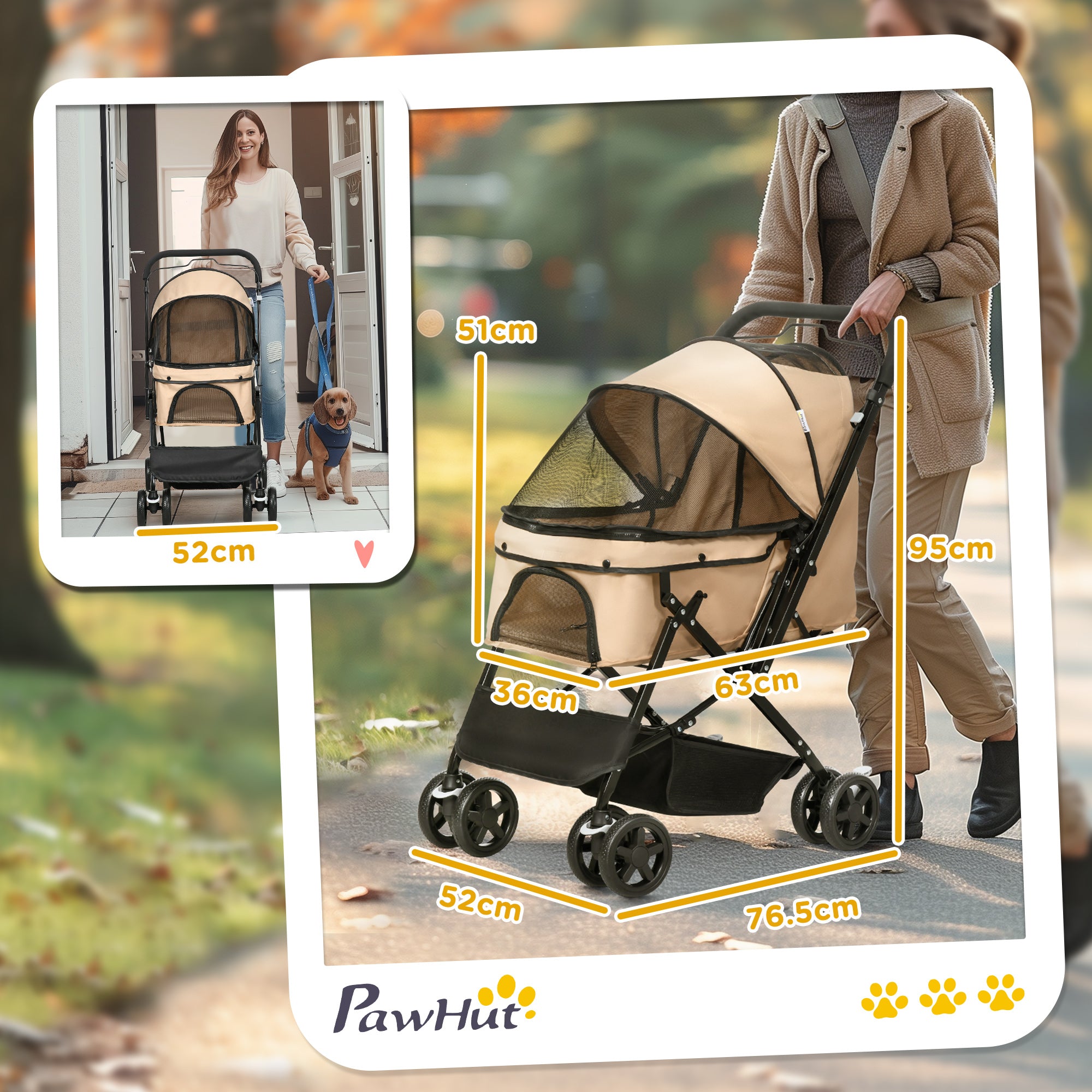 PawHut Pet Stroller Pushchair Foldable Travel Dog Cat Carriage w/ Reversible Handle Brake Basket - North Peak Garden Furniture