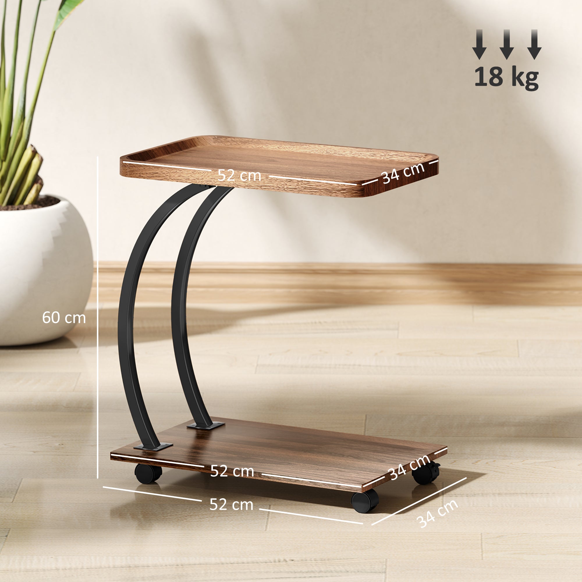 HOMCOM 2-Tier Mobile C-Shaped Side Table - Brown - North Peak Garden Furniture
