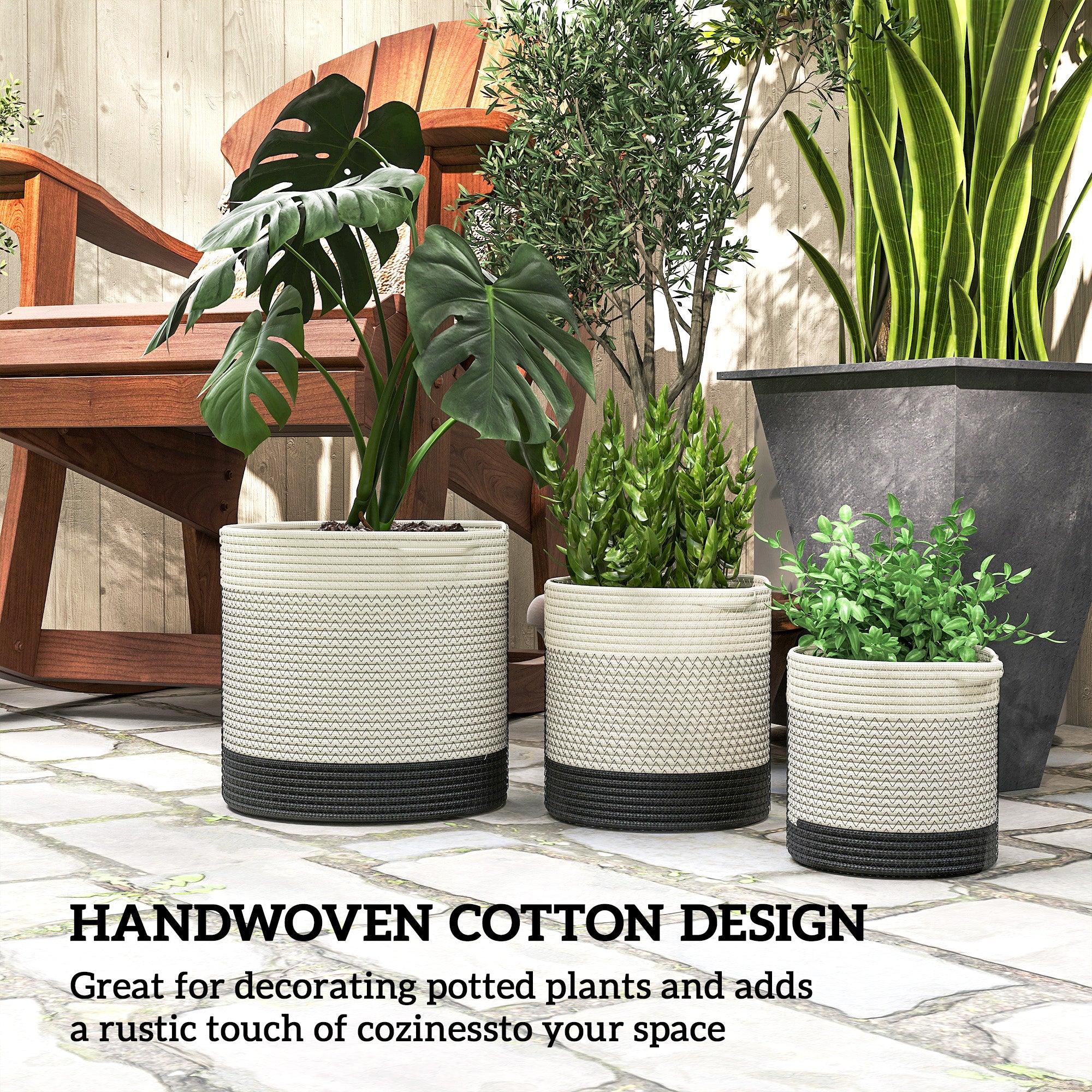 Outsunny Plant Pots Handwoven Cotton Indoor Planters with Waterproof Liner Set of 3 White