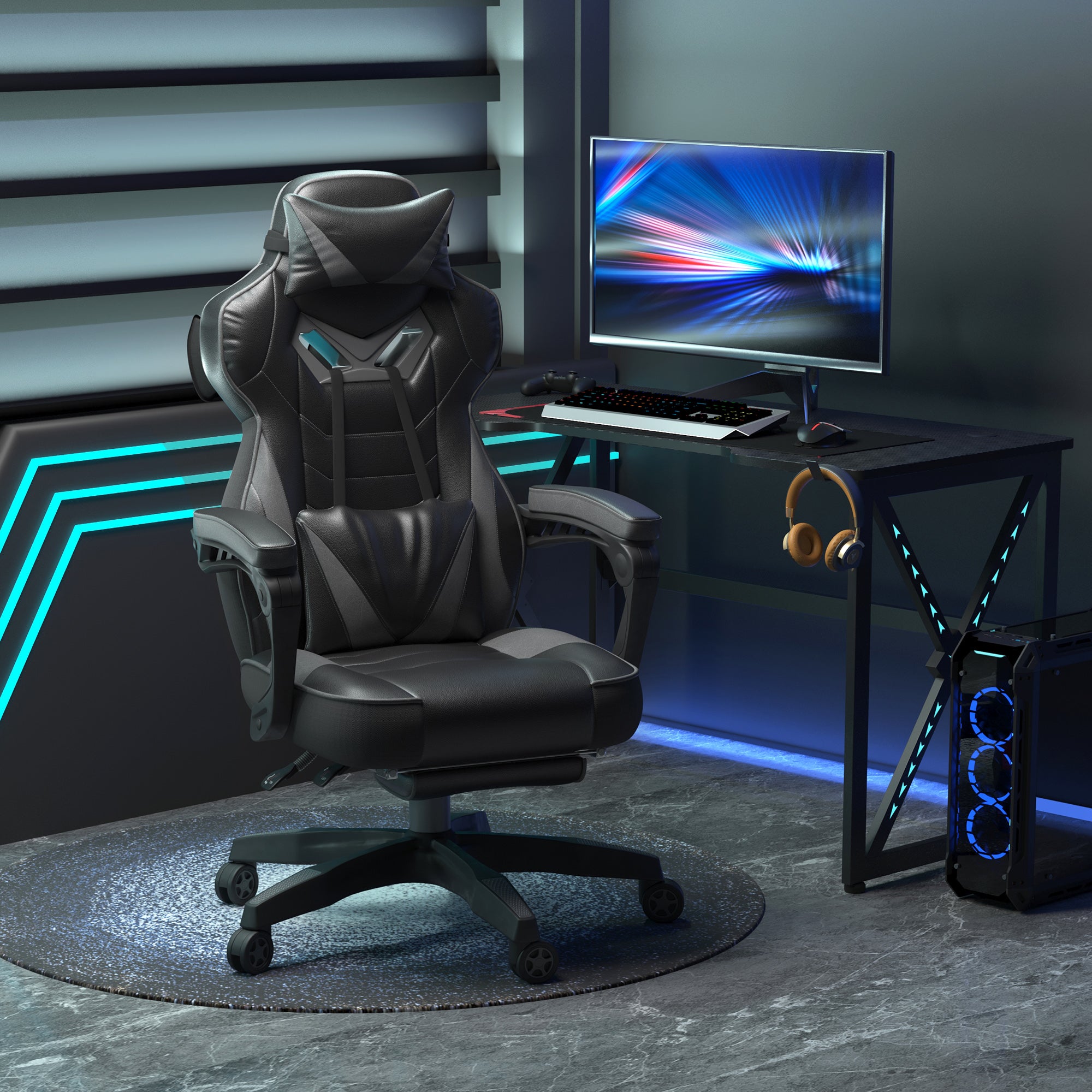 Vinsetto Computer Gaming Chair, Racing Desk Chair with Lumbar Support and Footrest, PU Leather Gamer Chair with Headrest and Swivel Wheels for Home, Grey - North Peak Garden Furniture