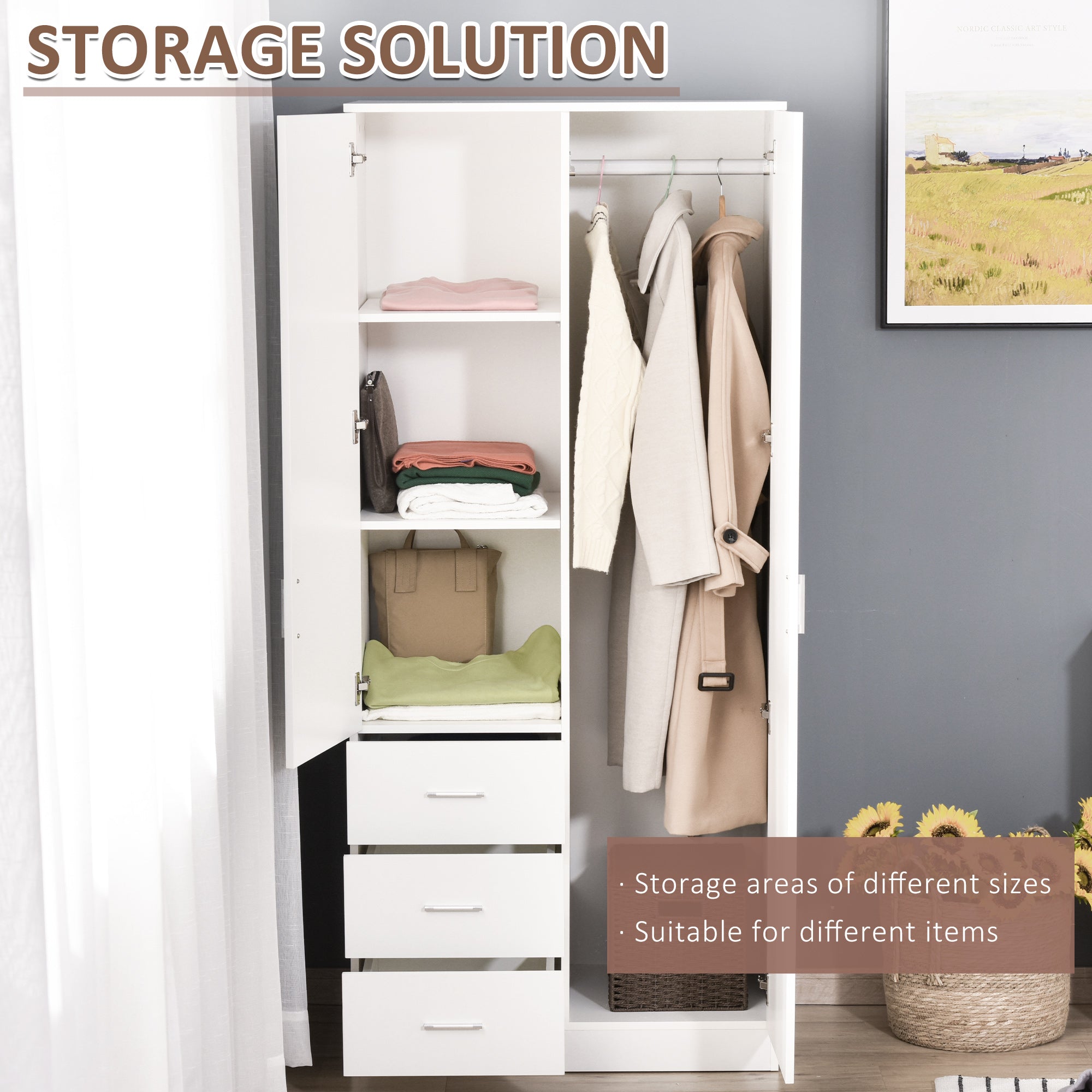 HOMCOM Modern Mirror Wardrobe 2 Door Storage Cupboards Home Storage Organisation Furniture with Adjustable Shelf, Hanging Rail and 3 Drawers, 180cm, White - North Peak Garden Furniture