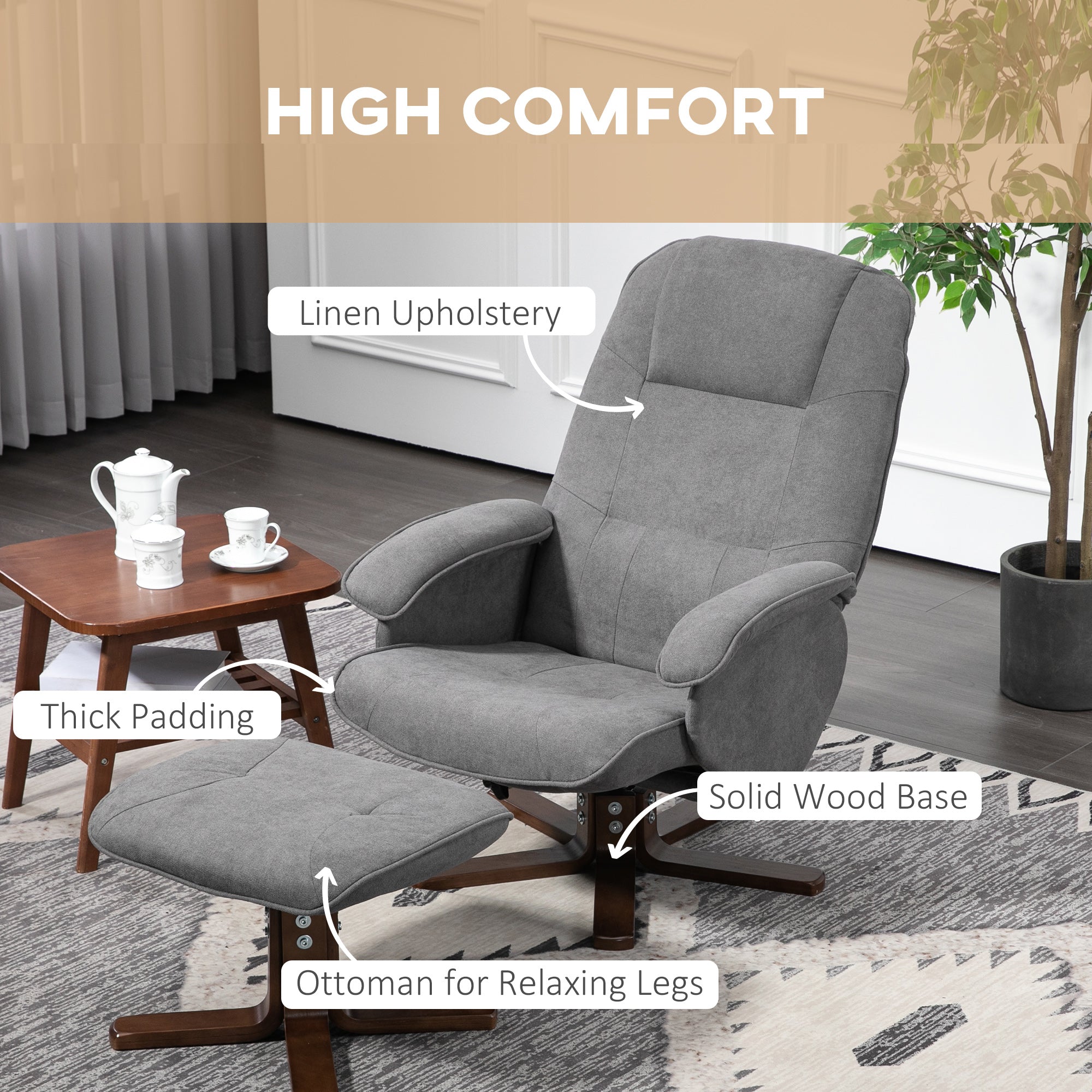 HOMCOM Linen Swivel Recliner Chair with Footstool, Upholstered Reclining Armchair with Wooden Base for Living Room, Grey - North Peak Garden Furniture