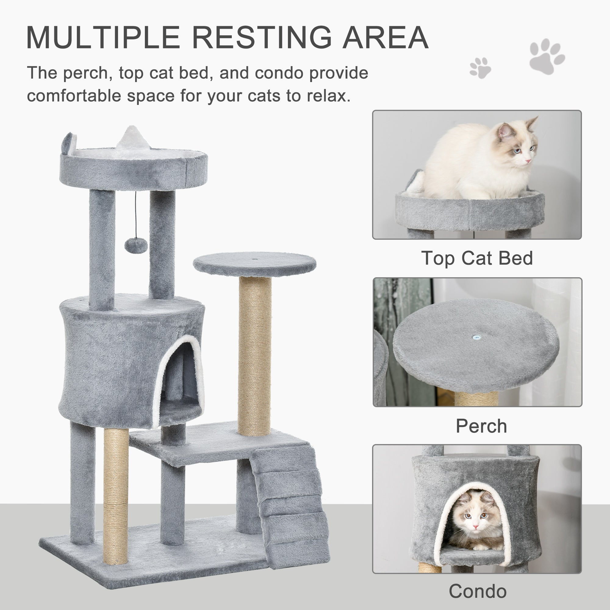 PawHut 100 cm Cat Tree, Cat Condo Tree Tower for Indoor Cats, Cat Activity Centre with Scratching Posts, Plush Perch, Ladder, Hanging Ball - Light Grey