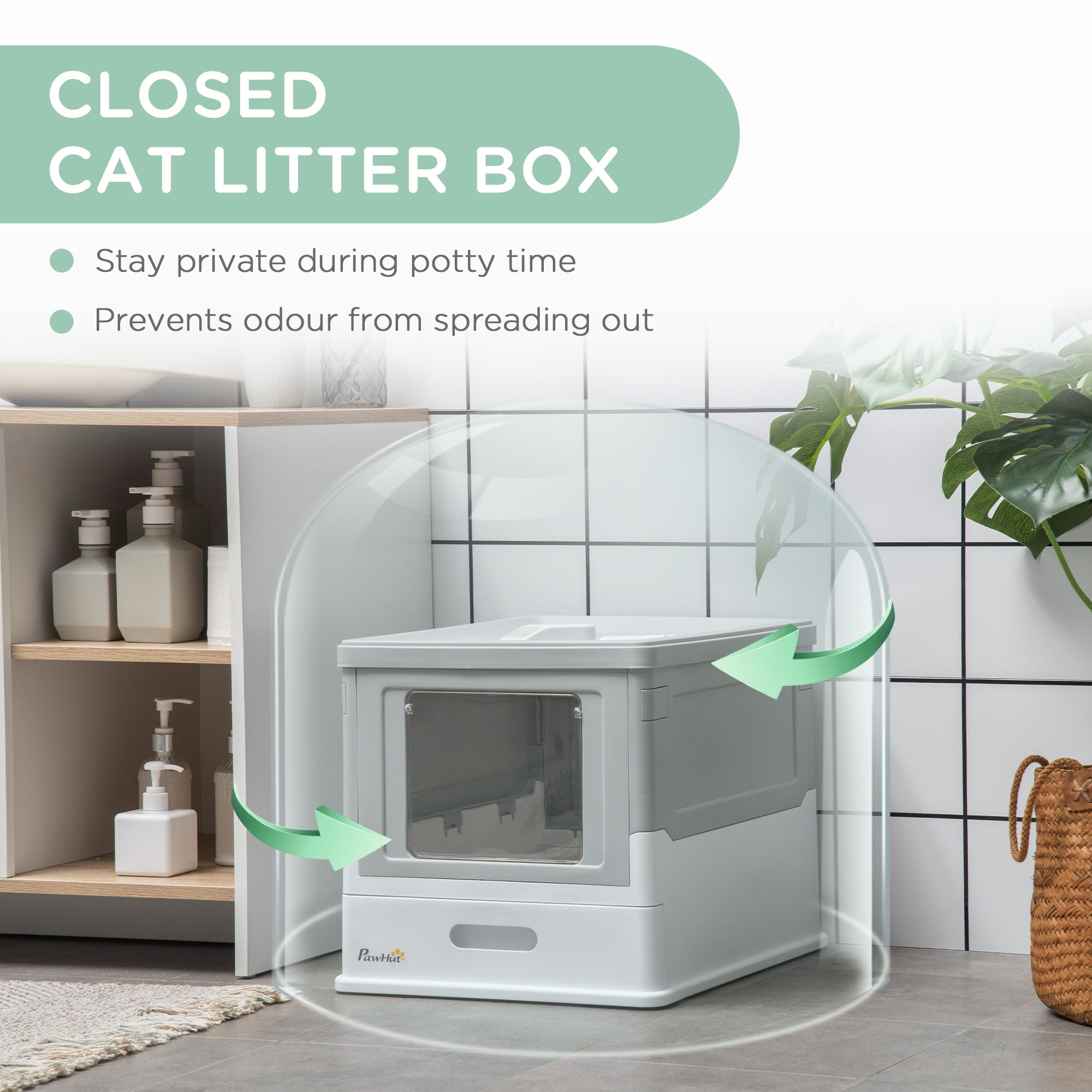 PawHut Hooded Cat Litter Box, Portable Pet Toilet, with Scoop, Front Entry - Grey - North Peak Garden Furniture