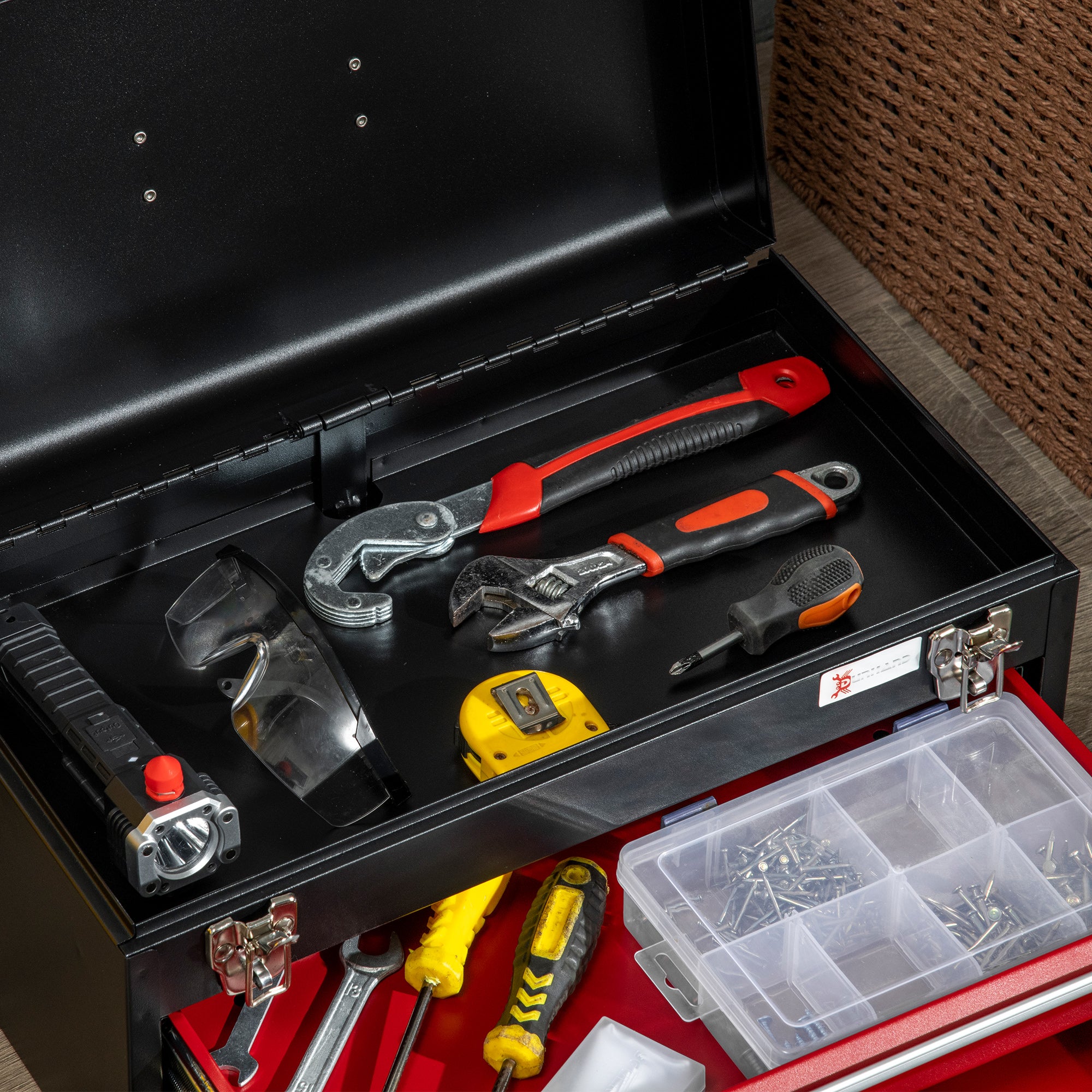 DURHAND 2 Drawer Tool Chest, Lockable Metal Tool Box with Ball Bearing Runners, Portable Toolbox, 460mm x 240mm x 220mm, Black - North Peak Garden Furniture