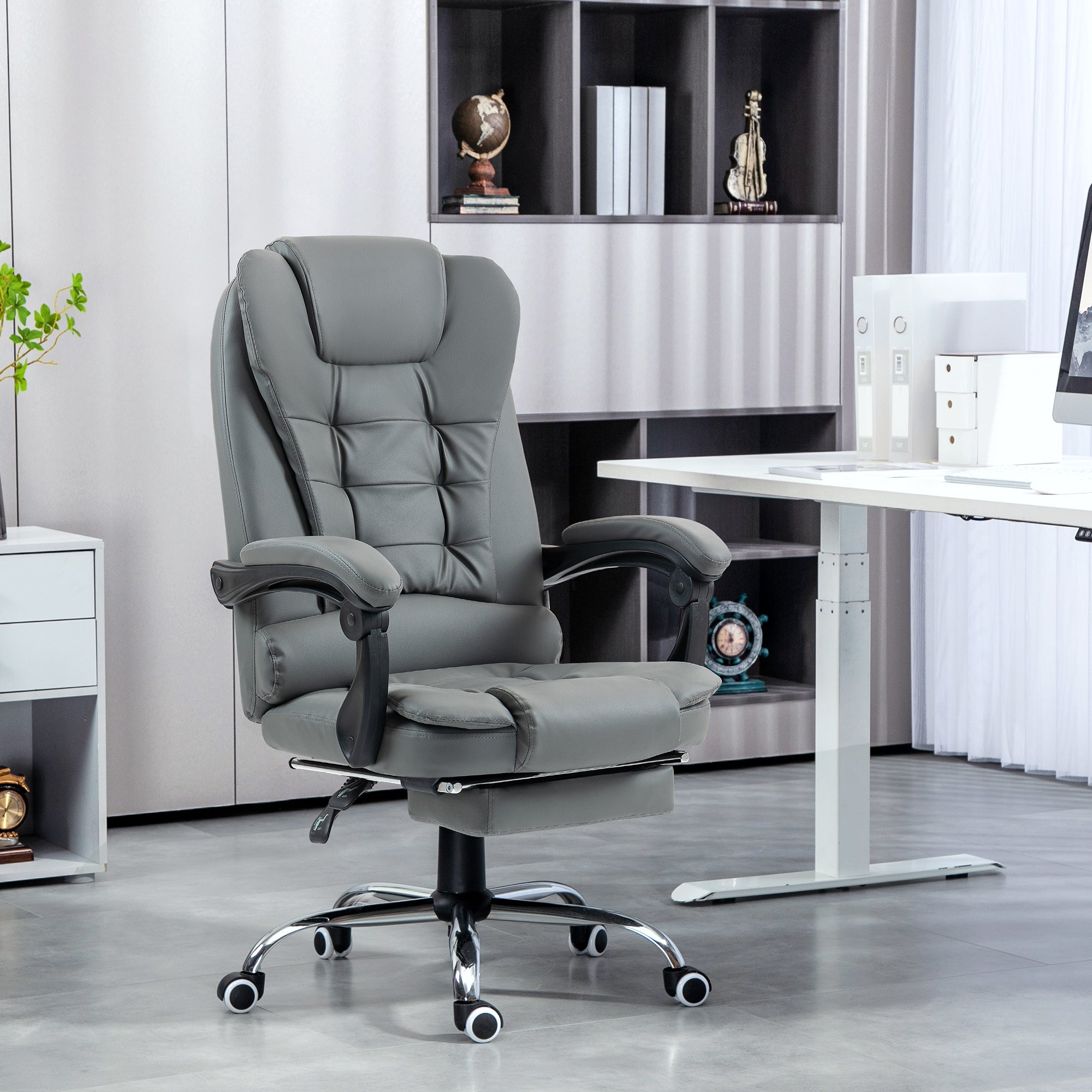 HOMCOM Executive Office Chair, PU Leather Home Office Chair with Swivel Wheels, Reclining Backrest, Retractable Footrest, Grey - North Peak Garden Furniture