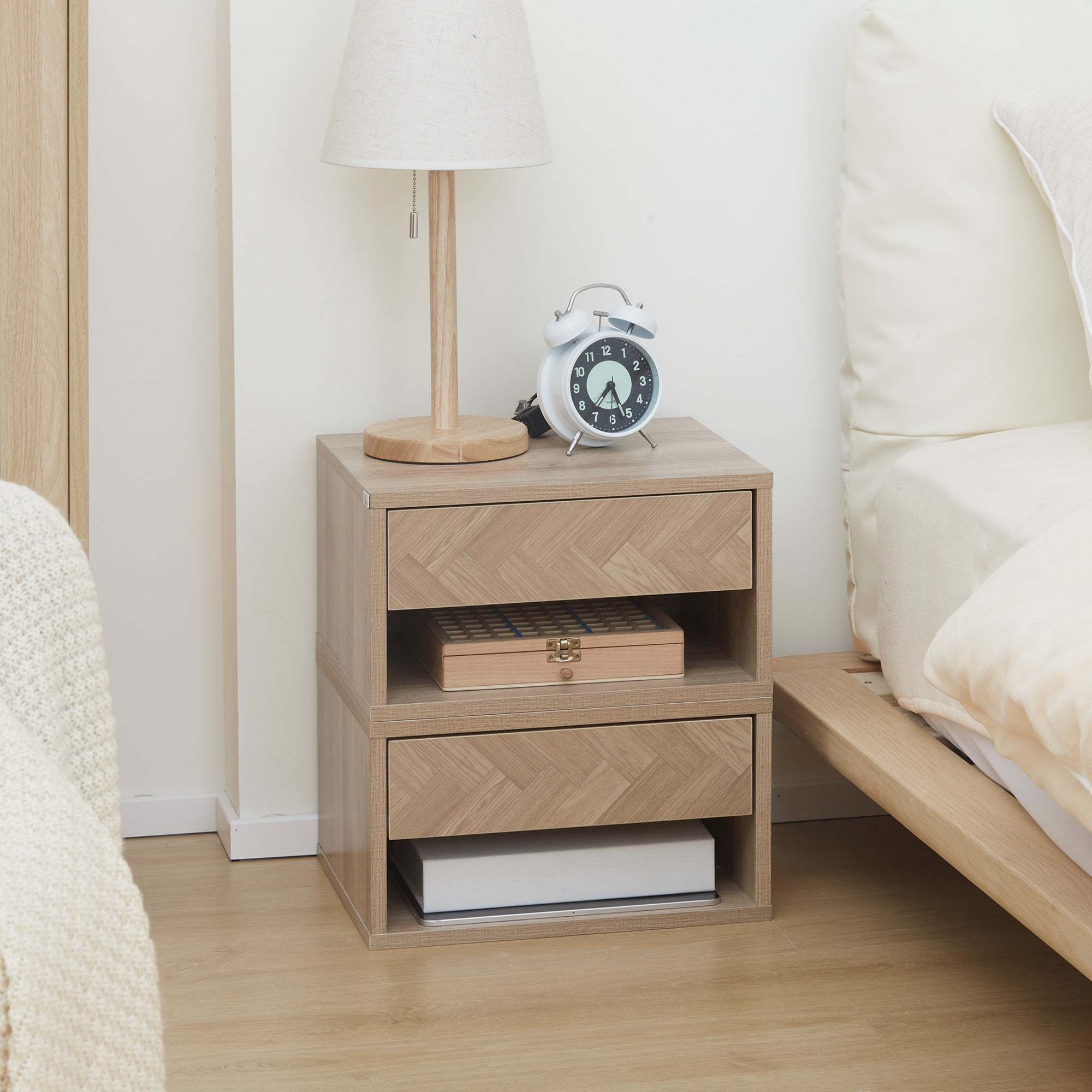 HOMCOM 2 Pieces Bedside Table Wall Mounted Nightstand with Drawer and Shelf for Bedroom, 37 x 32 x 21cm, Natural - North Peak Garden Furniture