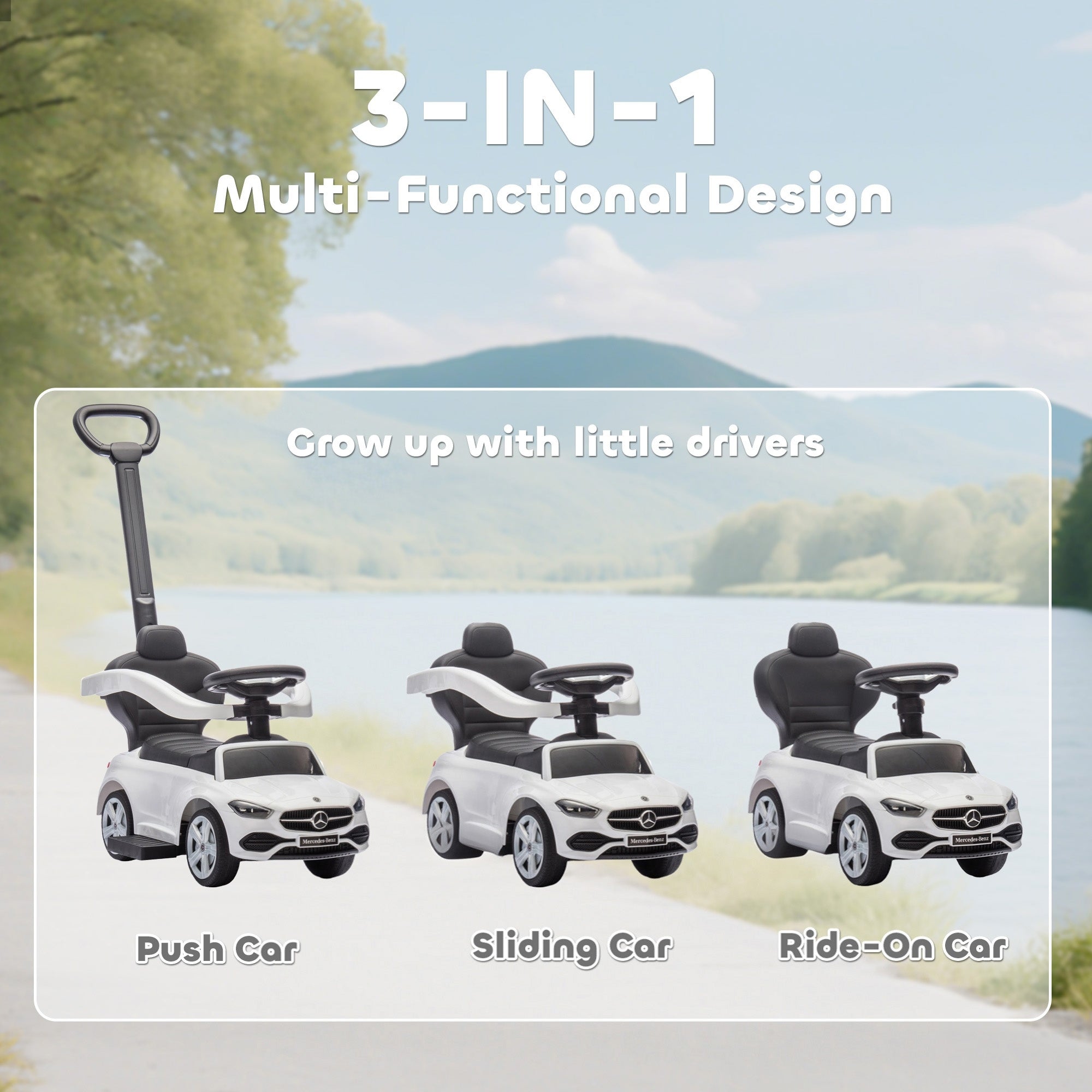 AIYAPLAY 2 in 1 Baby Ride on Push Car Mercedes-Benz C-Class Licensed Walker Foot to Floor Push-Along with Removable Handle, White