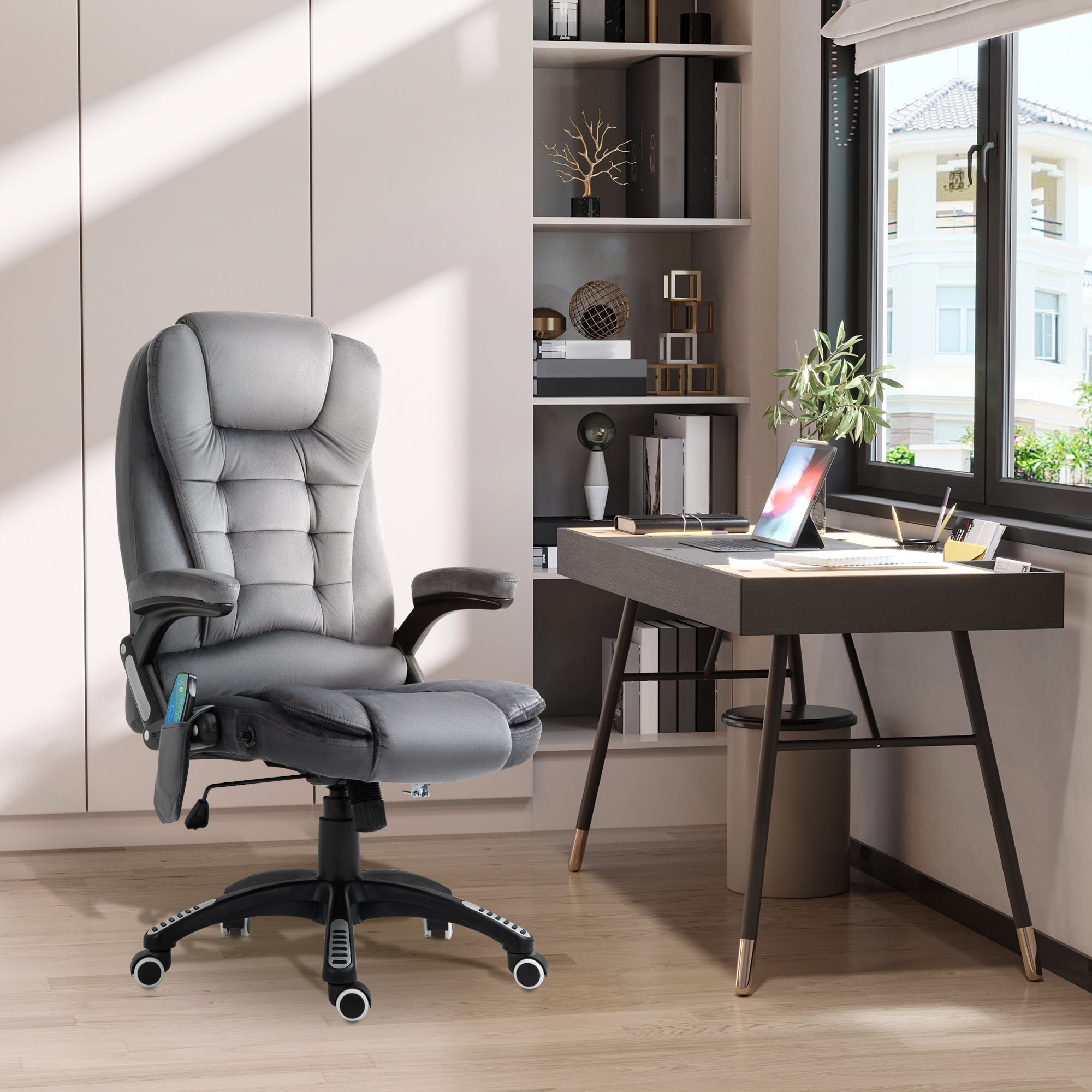 Vinsetto Massage Recliner Chair Heated Office Chair with Six Massage Points Velvet-Feel Fabric 360° Swivel Wheels Grey - North Peak Garden Furniture