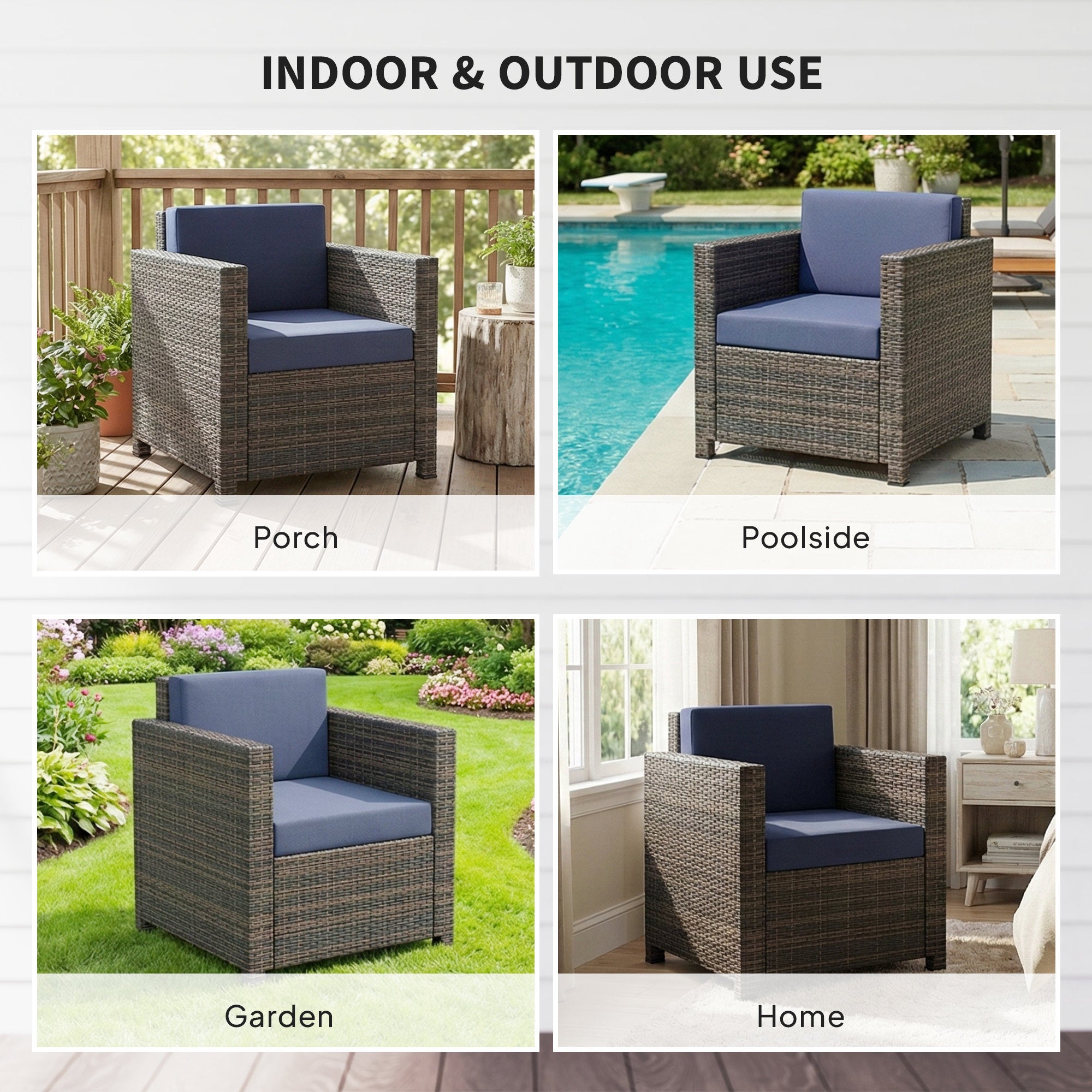 Outsunny PE Rattan Garden Armchair with Cushion - Mixed Brown/Navy Blue