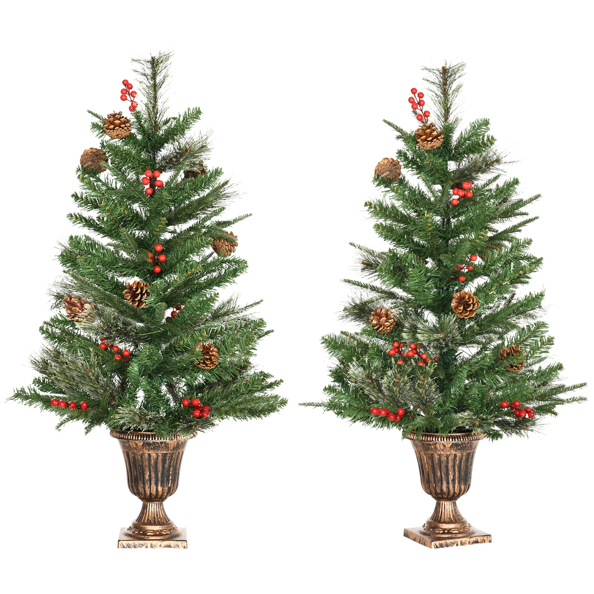 HOMCOM 2 Pieces Set 3 Ft Artificial Christmas Tree with 110 Realistic Branches, Pine Cones, Red Berries, Gold Pot, for Doorway, Porch, Green