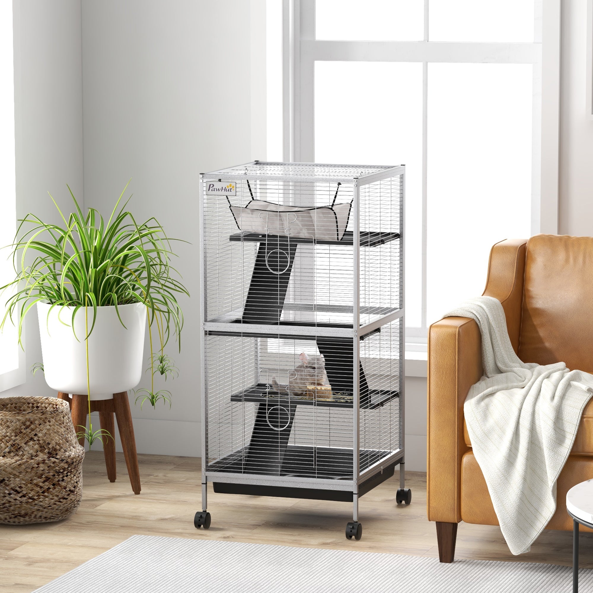 PawHut Small Animal Cage Pet Play House with Wheels Platforms Light Grey - North Peak Garden Furniture