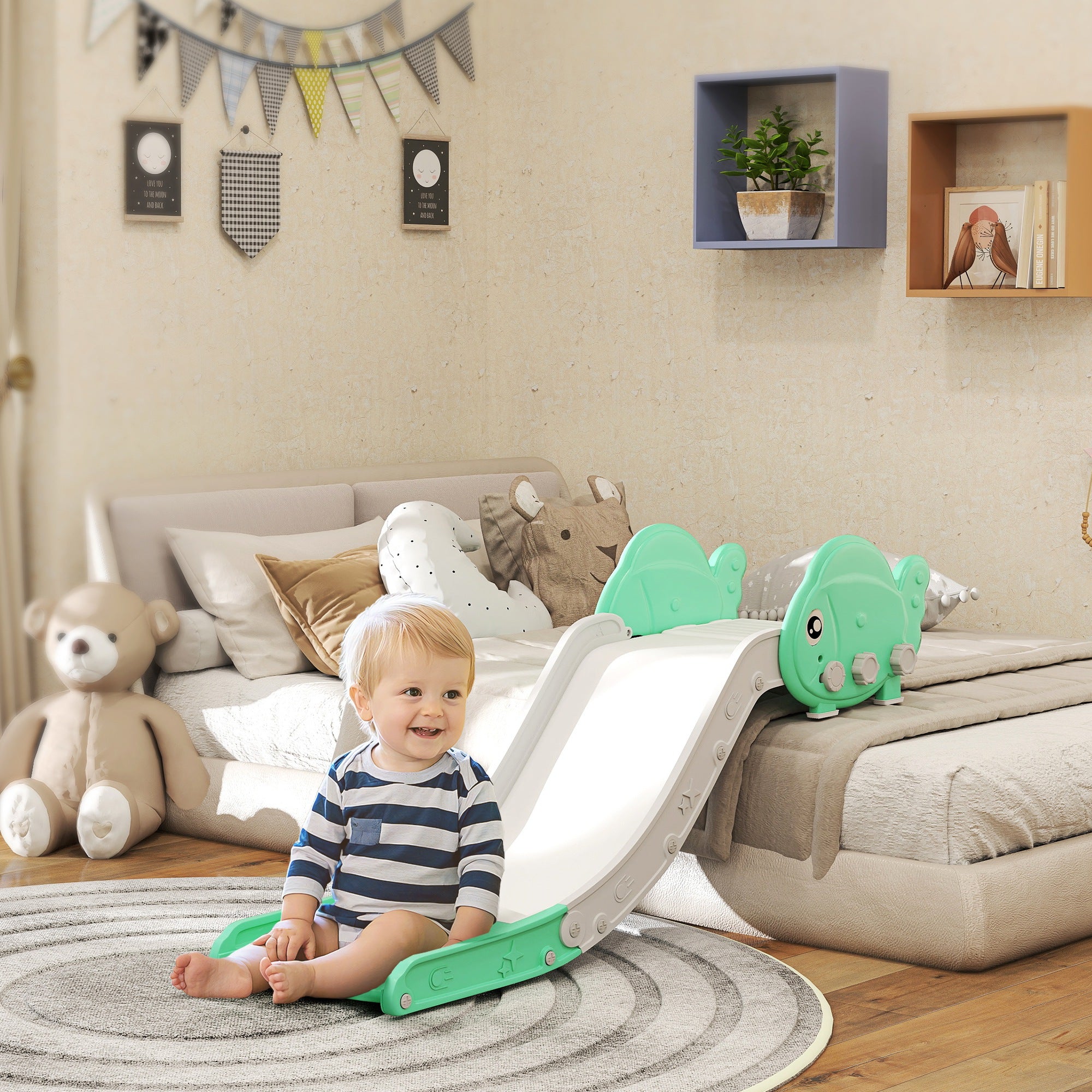 AIYAPLAY Kids Sofa Slide with 130cm Extended Length, HDPE Toddler Slide for Sofa, Bed, Stairs, Easy Assemble & Storage, Green - North Peak Garden Furniture