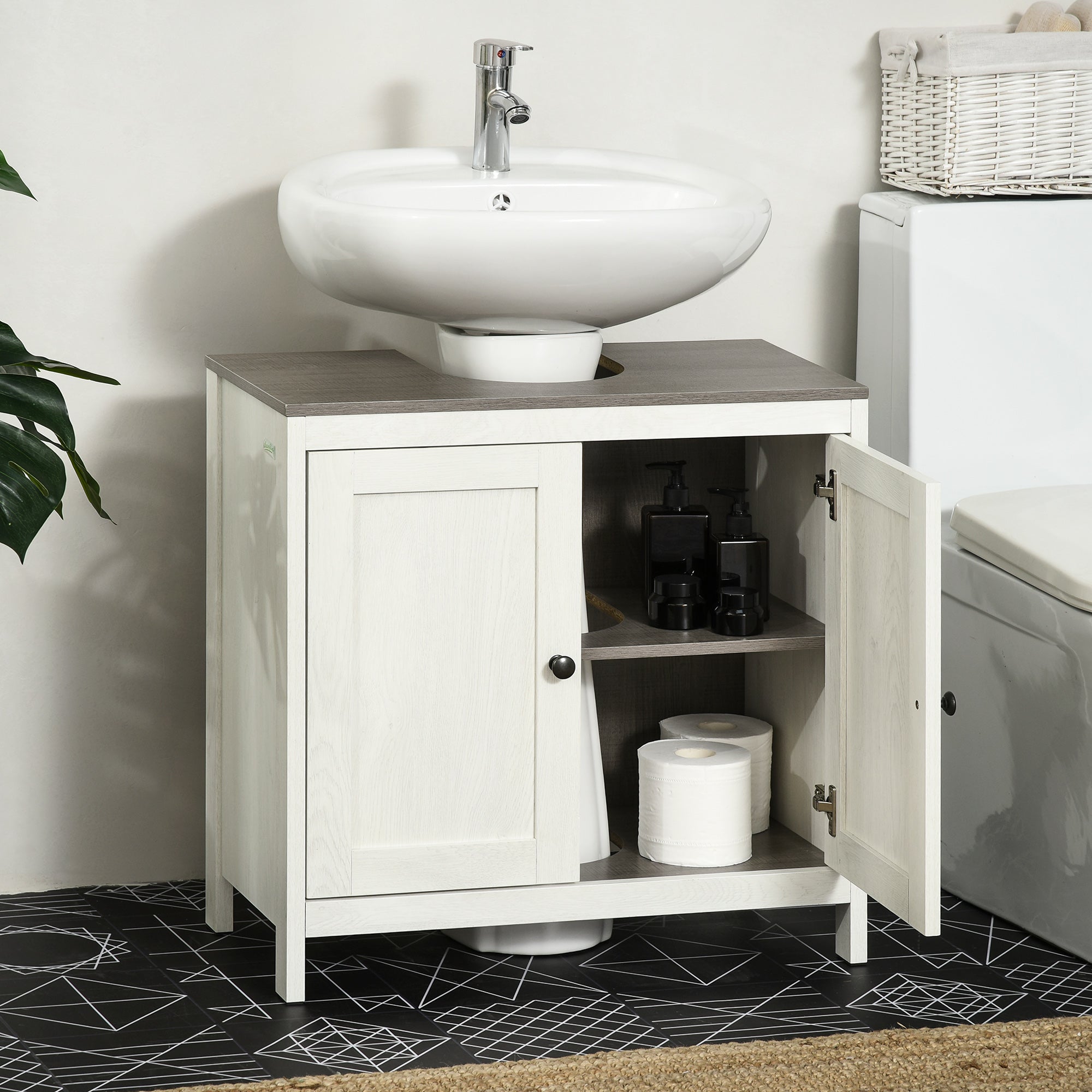 kleankin Modern Bathroom Sink Cabinet, Floor Standing Under Sink Cabinet, Freestanding Storage Cupboard with Adjustable Shelf, Double Doors, Antique White - North Peak Garden Furniture