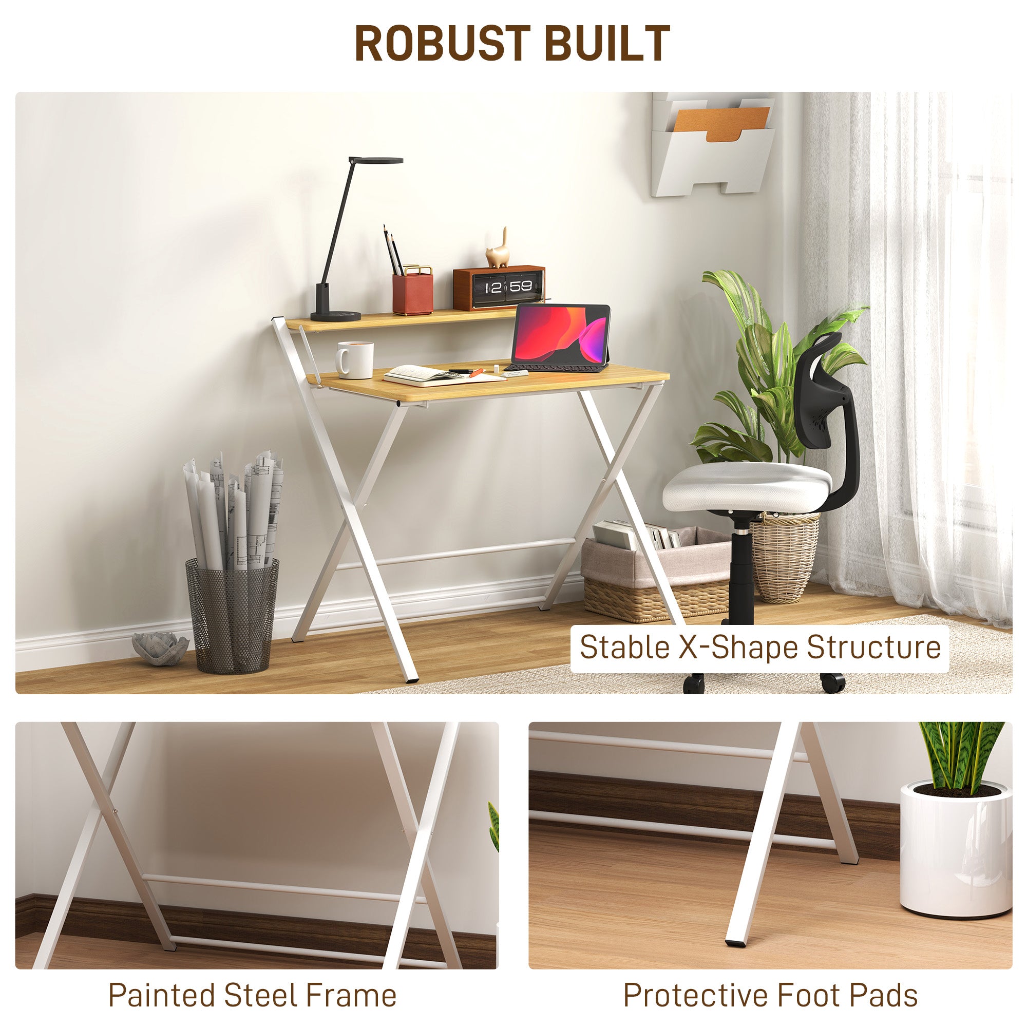 HOMCOM Compact Folding Desk for Small Spaces, Foldable Computer Desk with Storage Shelf for Home Office, 2-Tier Study Writing Table, 86 x 66 x 82 cm, Maple Wood-effect - North Peak Garden Furniture