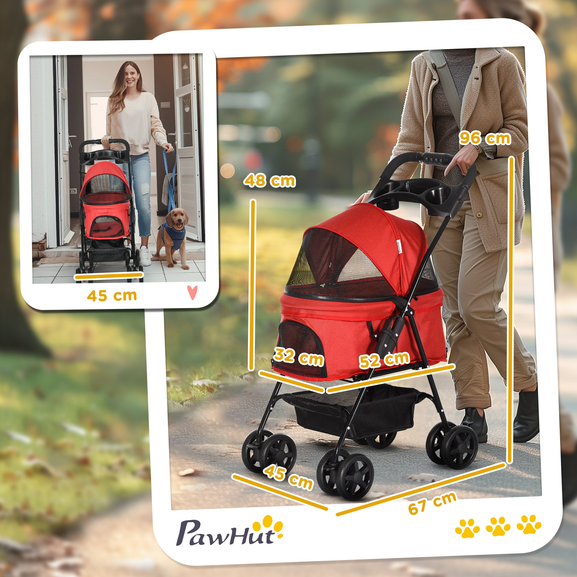 PawHut Dog Pram Dog Stroller Foldable Pet Pushchair with 4 Wheels, Safety Leashes, Cup Holder for Small Dogs, Red