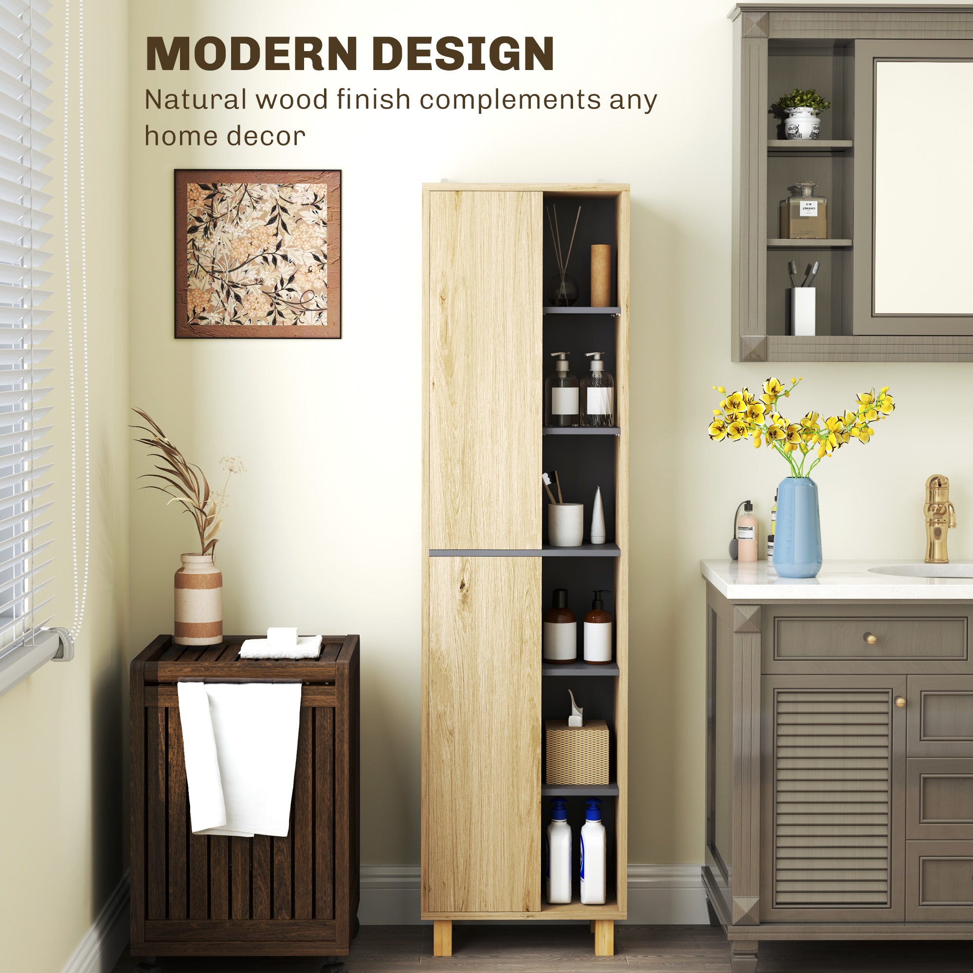 HOMCOM Multi-Storage Slim Bathroom Cabinet - Wood-Effect - North Peak Garden Furniture