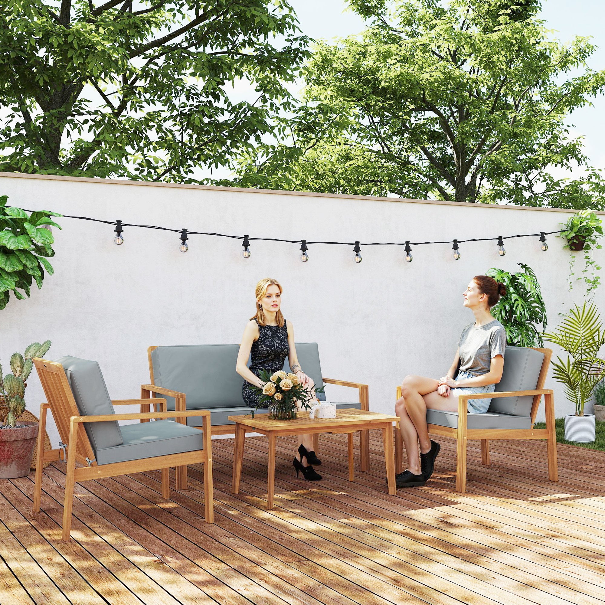 Outsunny 4-Piece Wooden Garden Furniture Set with Cushions - Teak - North Peak Garden Furniture