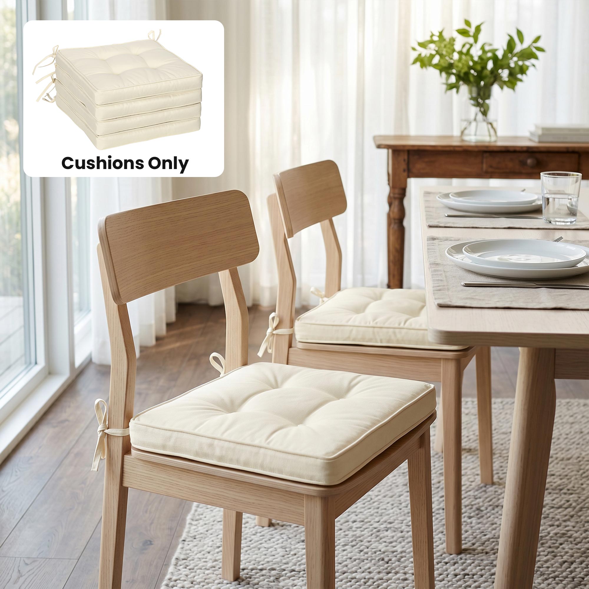 Outsunny Set of 4 Garden Seat Cushion with Ties, 42 x 42cm Replacement Dining Chair Seat Pad, Cream White