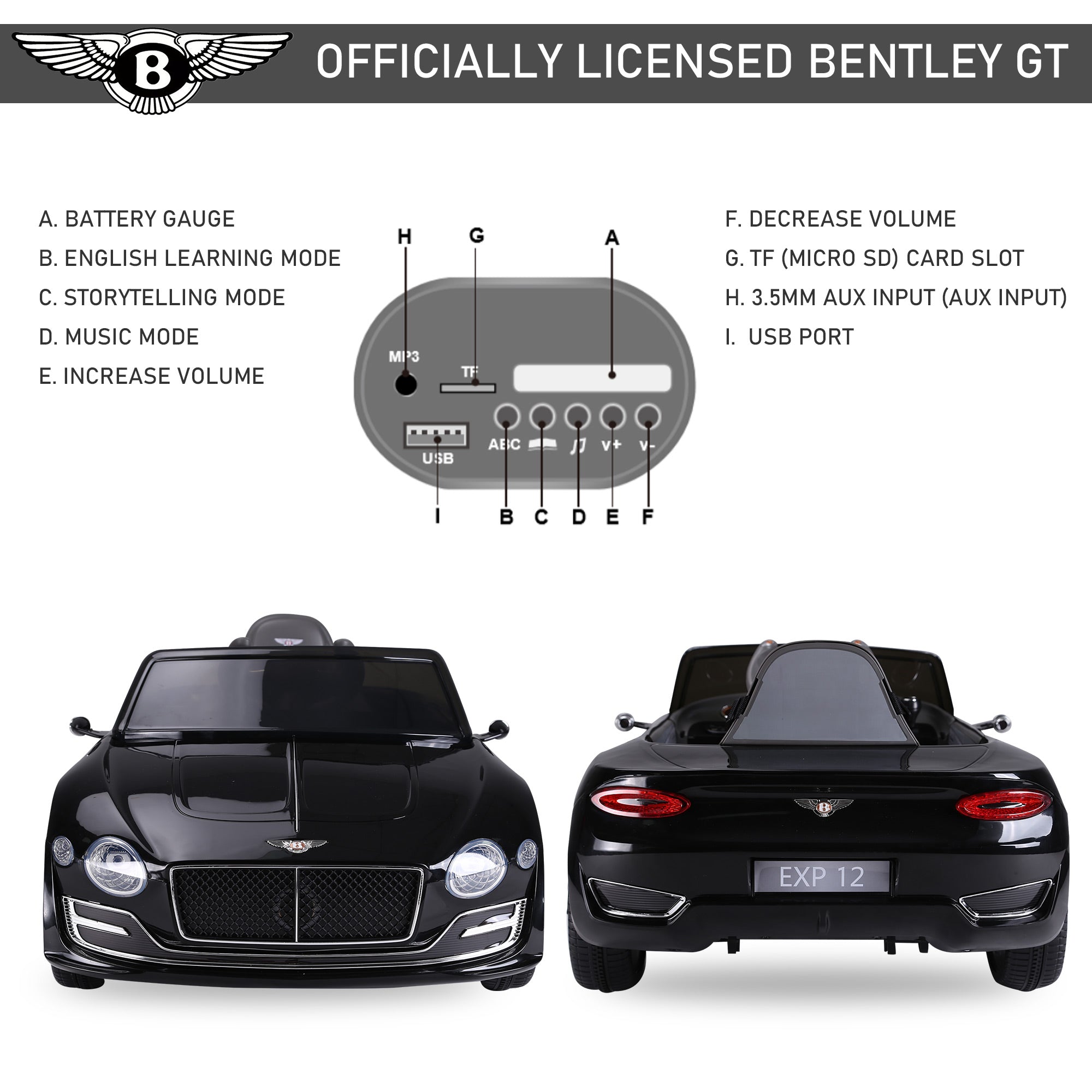 HOMCOM Bentley GT Licensed 12V Kids Electric Ride On Car with Remote Control Two Motors LED Light Music for 3-5 Years Black - North Peak Garden Furniture