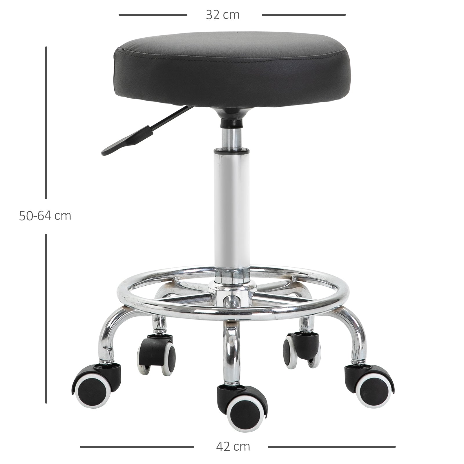 Vinsetto Round Rolling Stool, PU Leather Height Adjustable Stool Chair with Wheels and Swivel Seat for Salon, Massage, Spa, Home Kitchen, Black - North Peak Garden Furniture
